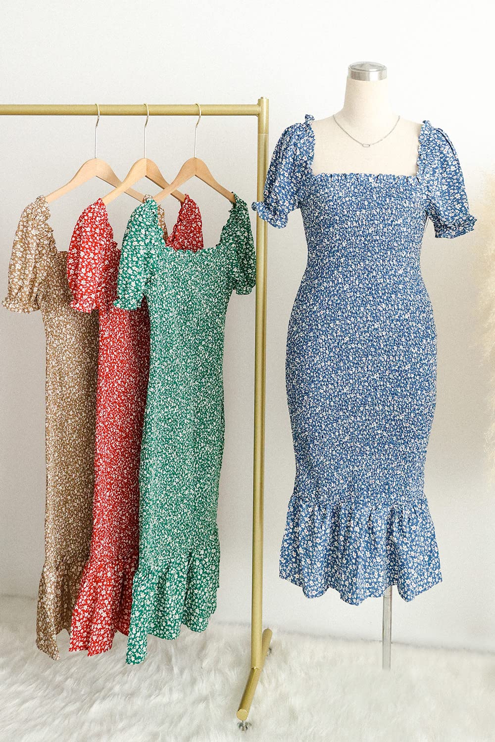 PRETTYGARDEN Floral Bodycon Midi Dress 2025 - Puff Sleeve Mermaid Cocktail Dress for Baby Shower, Maternity, Photoshoot & Summer Occasions | Women's Elegant Party Dress