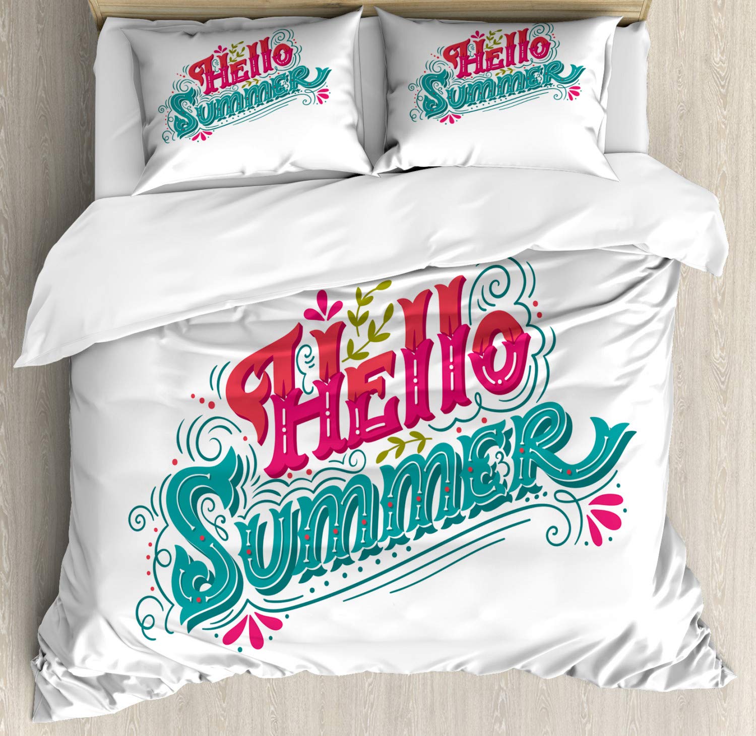 Ambesonne Hello Summer Duvet Cover Set - Vintage Calligraphy Floral Design, 2 Duvet Covers + 4 Pillowcases, 2-Pack California King Size in Sea Green & Magenta | Perfect for Beach House Bedroom, Summer Decor & Guest Room Styling