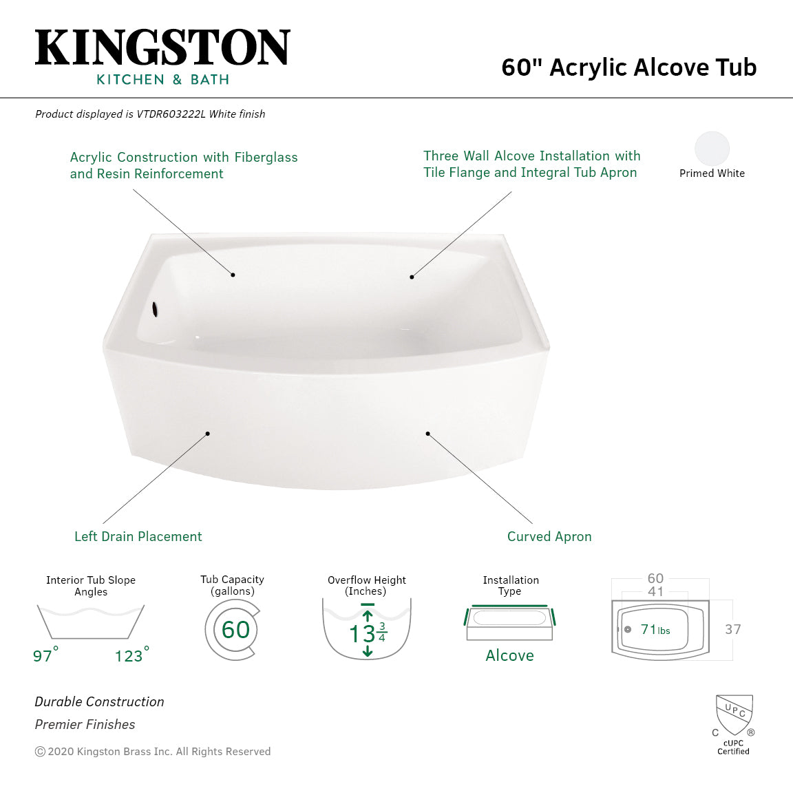 Aqua Eden VTDR603222L 60 Inch Acrylic Rectangular 3 Wall Alcove Bathtub with Left Hand Drain Hole, Glossy White Finish - Perfect for Modern Bathroom Renovations and Spa-Like Relaxation