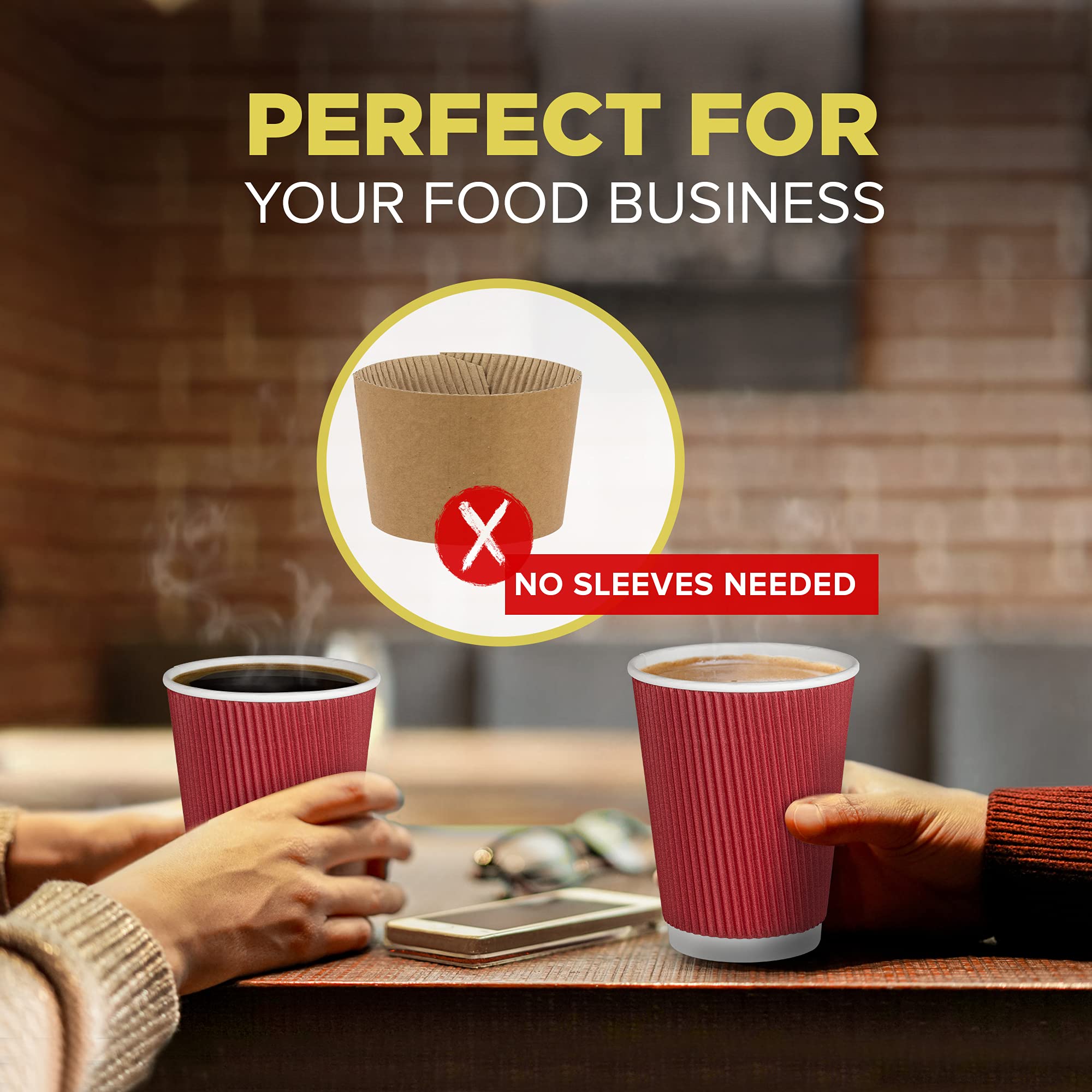 500 Pack 12 oz Red Disposable Coffee Cups - Triple Wall Insulated Hot Drink Cups for Coffee, Hot Chocolate & Tea | Travel, Office, Home & Catering Use | Eco-Friendly Corrugated Paper Cups (Lids Not Included)