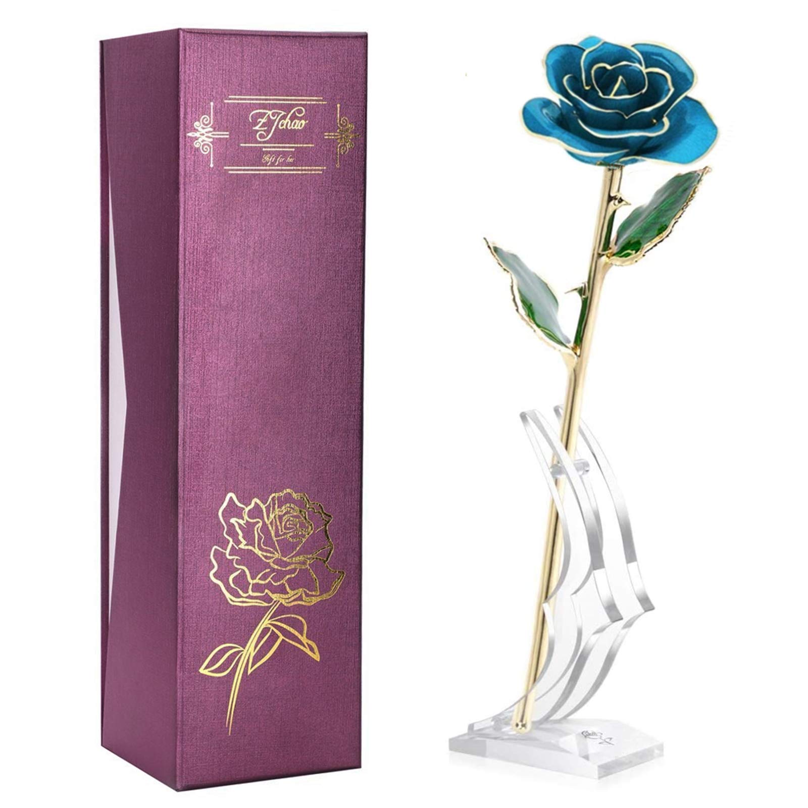 24K Gold Plated Blue Rose - Eternal Love Real Rose Flower Gift for Her, Perfect Anniversary, Wedding, Birthday & Graduation Present (Blue) - Romantic Home Decor, Proposal Gift, Valentine's Day Surprise