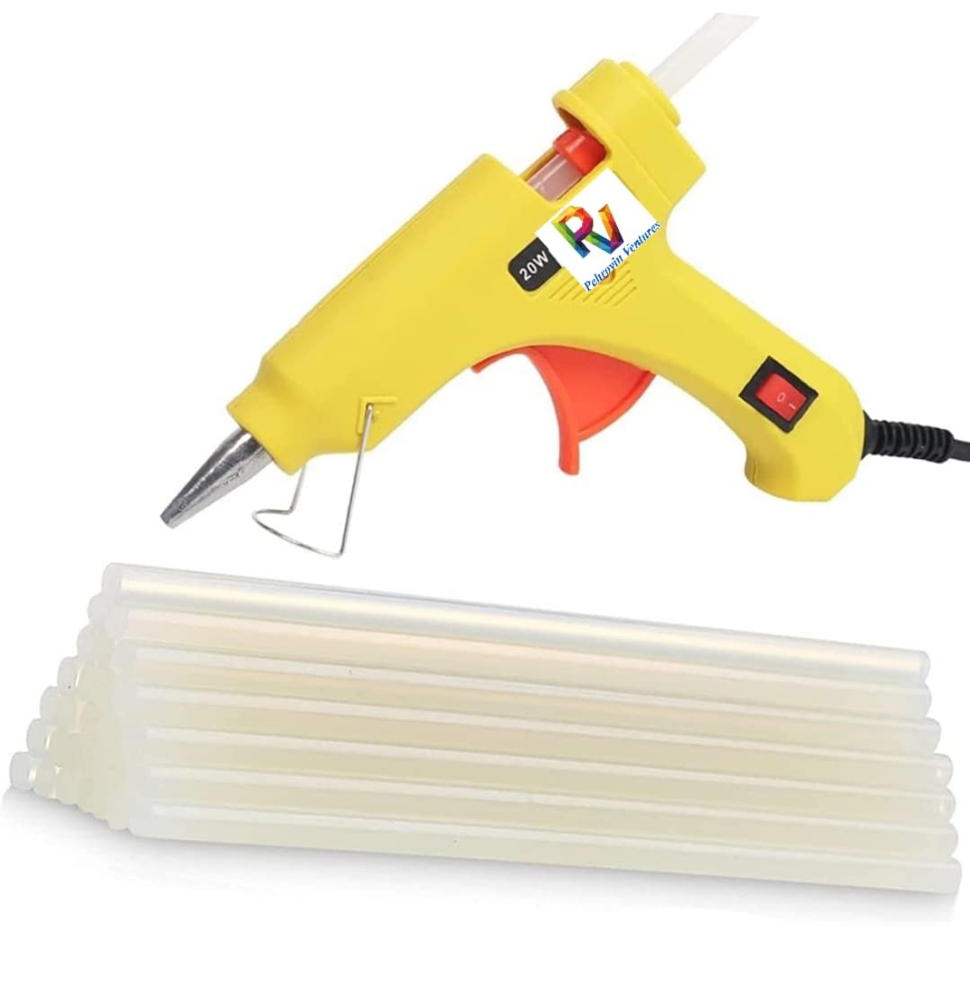 Pehrovin Ventures 20W Yellow Hot Melt Glue Gun Kit with 10 Clear 7mm Glue Sticks for Arts & Crafts, DIY Projects, Home Decor, Jewelry Making - Perfect for Rakhi Making, School Projects & Home Repairs