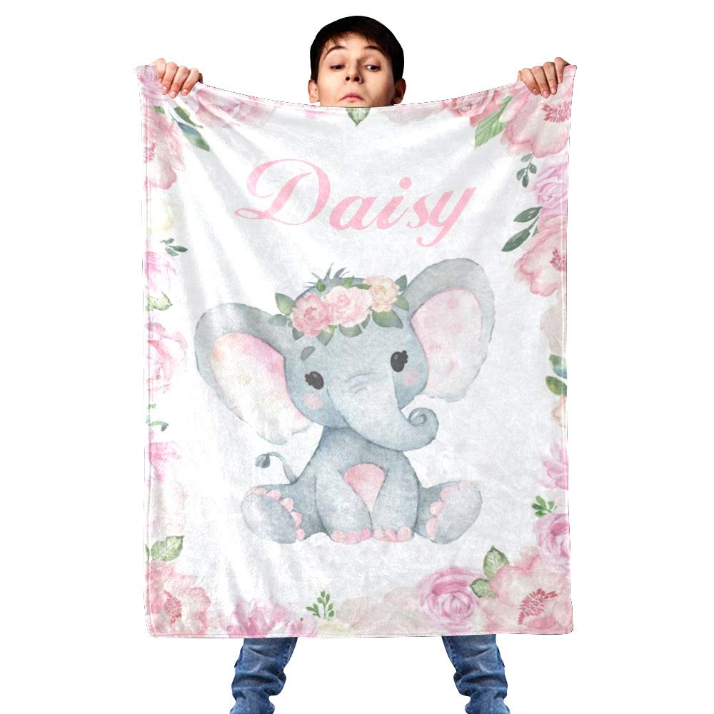 Personalized Kids Fleece Blanket with Name - Custom Pink Floral Elephant Baby Throw Blanket for Bed, Couch & Nursery (30