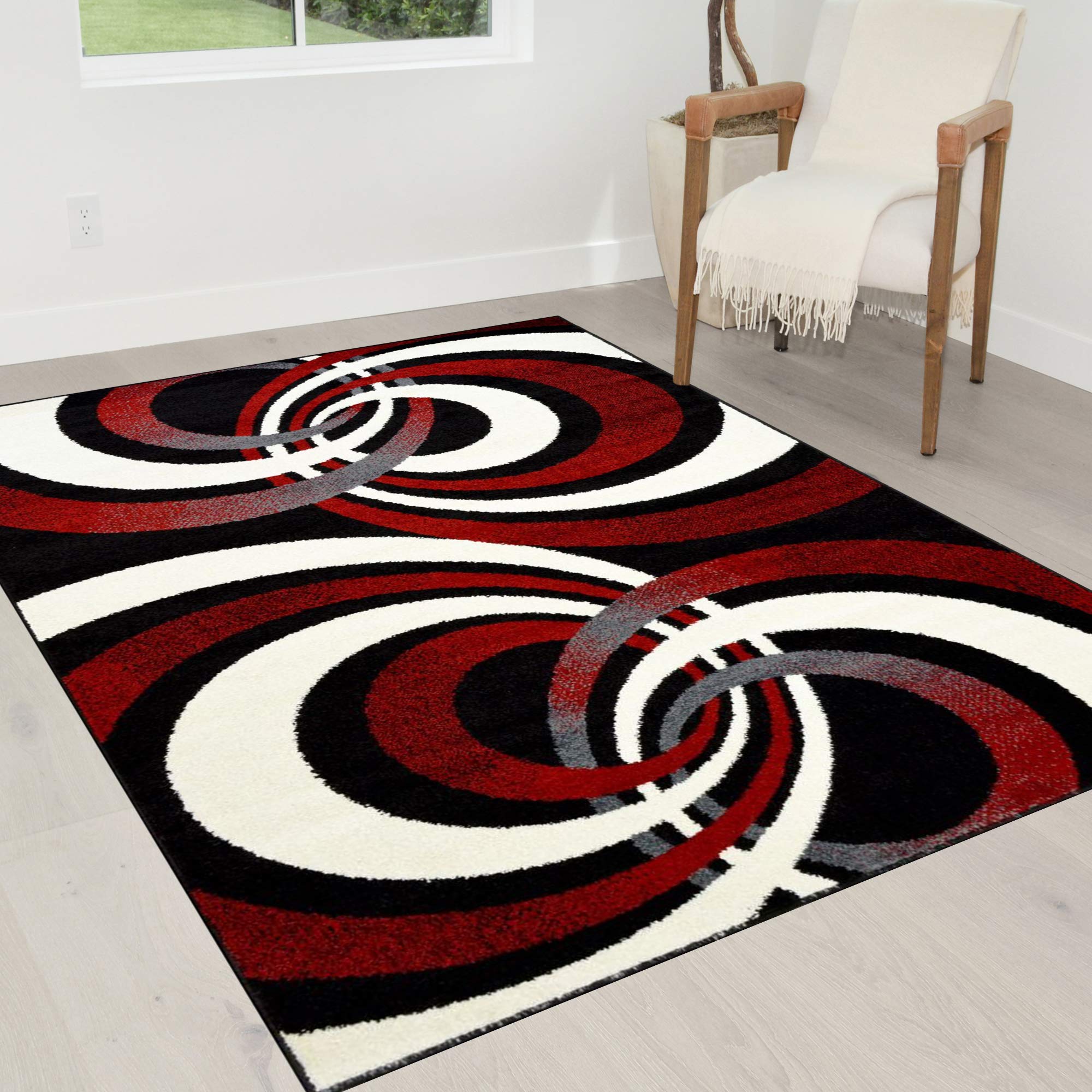 HR Spiral Distressed Color Rugs - Modern Lava Red Black & White Vintage Style Area Rug for Living Room, Bedroom & Office Decor