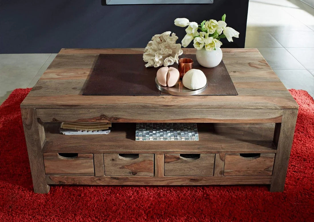 Solid Sheesham Wood Coffee Table with 4 Drawers - 46