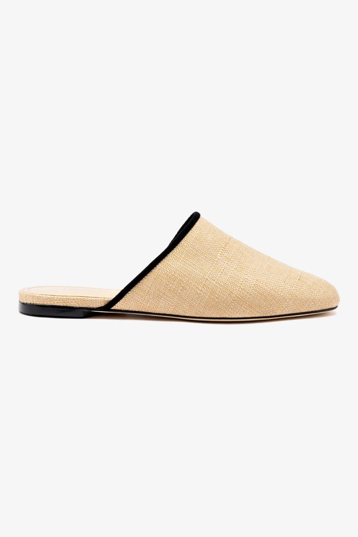 Venice Flat Mule Sandals - Beige Raffia with Black Trim | Comfortable Summer Slides for Women | Perfect for Beach, Vacation & Casual Outings