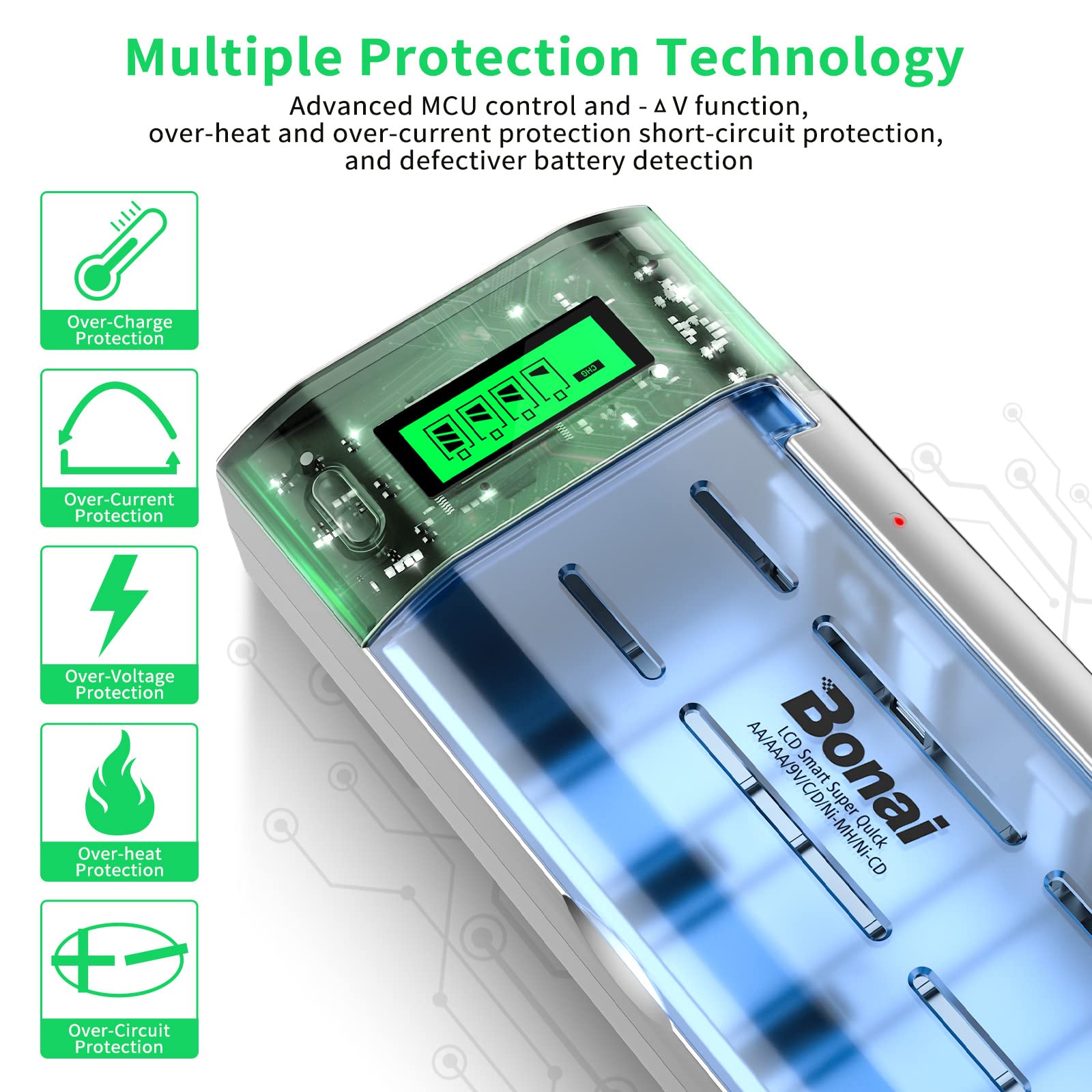 BONAI Universal LCD Battery Charger for AA AAA C D 9V NiMH NiCD Rechargeable Batteries with Discharge Function - Fast Charging for Home, Office, and Electronic Devices