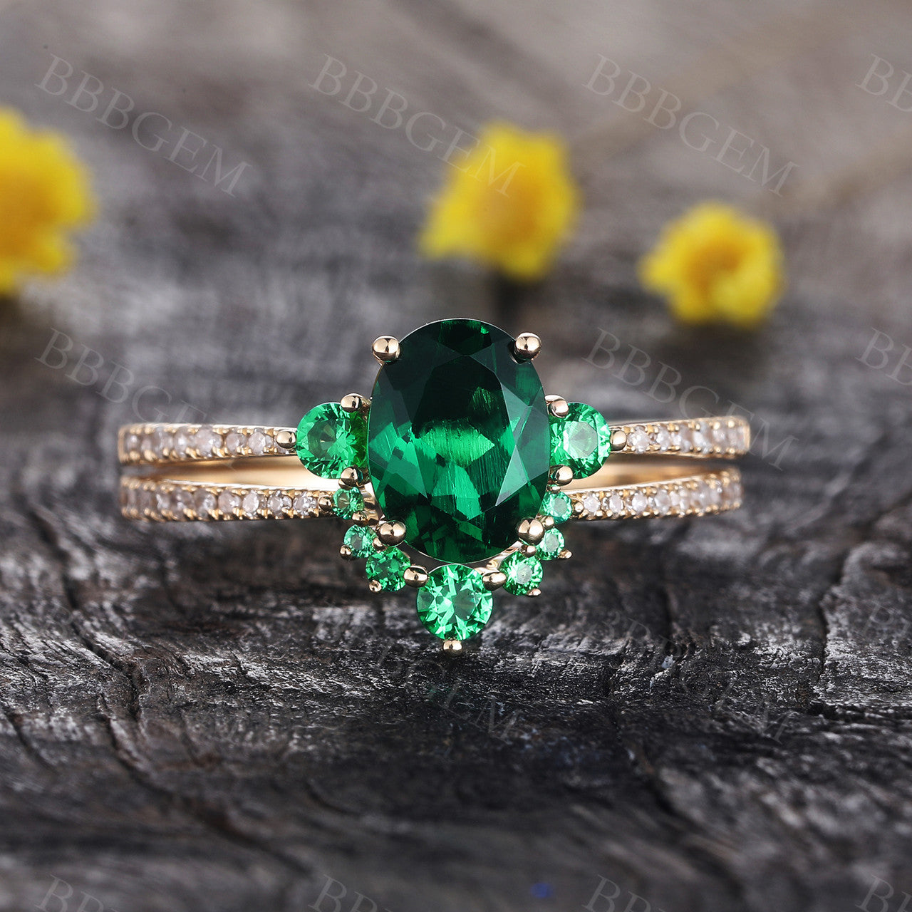 Vintage Emerald Bridal Ring Set - 14K Yellow Gold Three Stone Oval Cut Emerald Engagement Ring for Women - Perfect for Weddings, Anniversaries & Special Occasions
