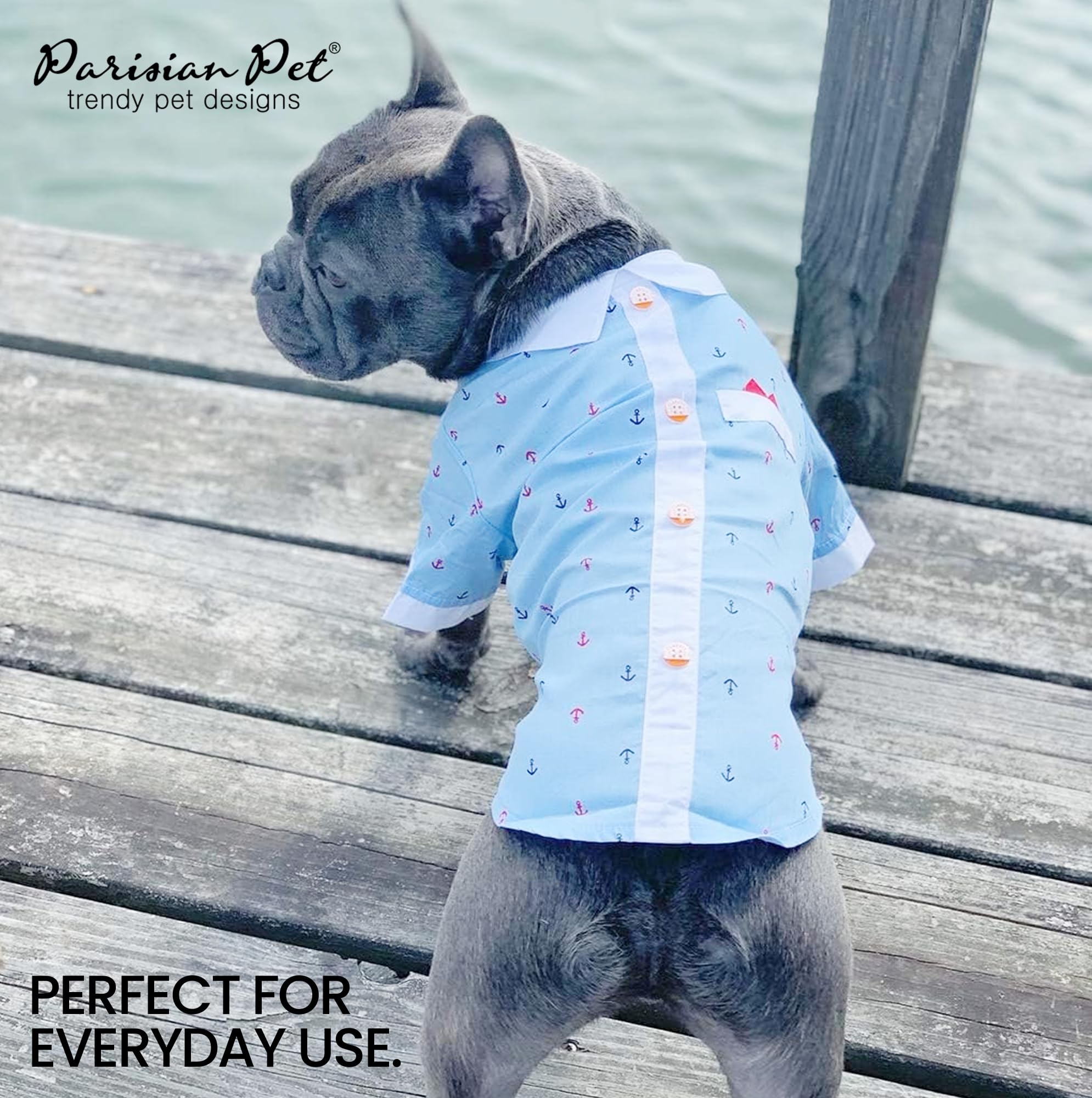 Parisian Pet Dog Shirt - 100% Cotton Nautical Costume with Anchor Design - Blue & White Sleeved Dog Clothes for Medium Dogs - Perfect for Beach Outings, Boat Trips & Themed Parties