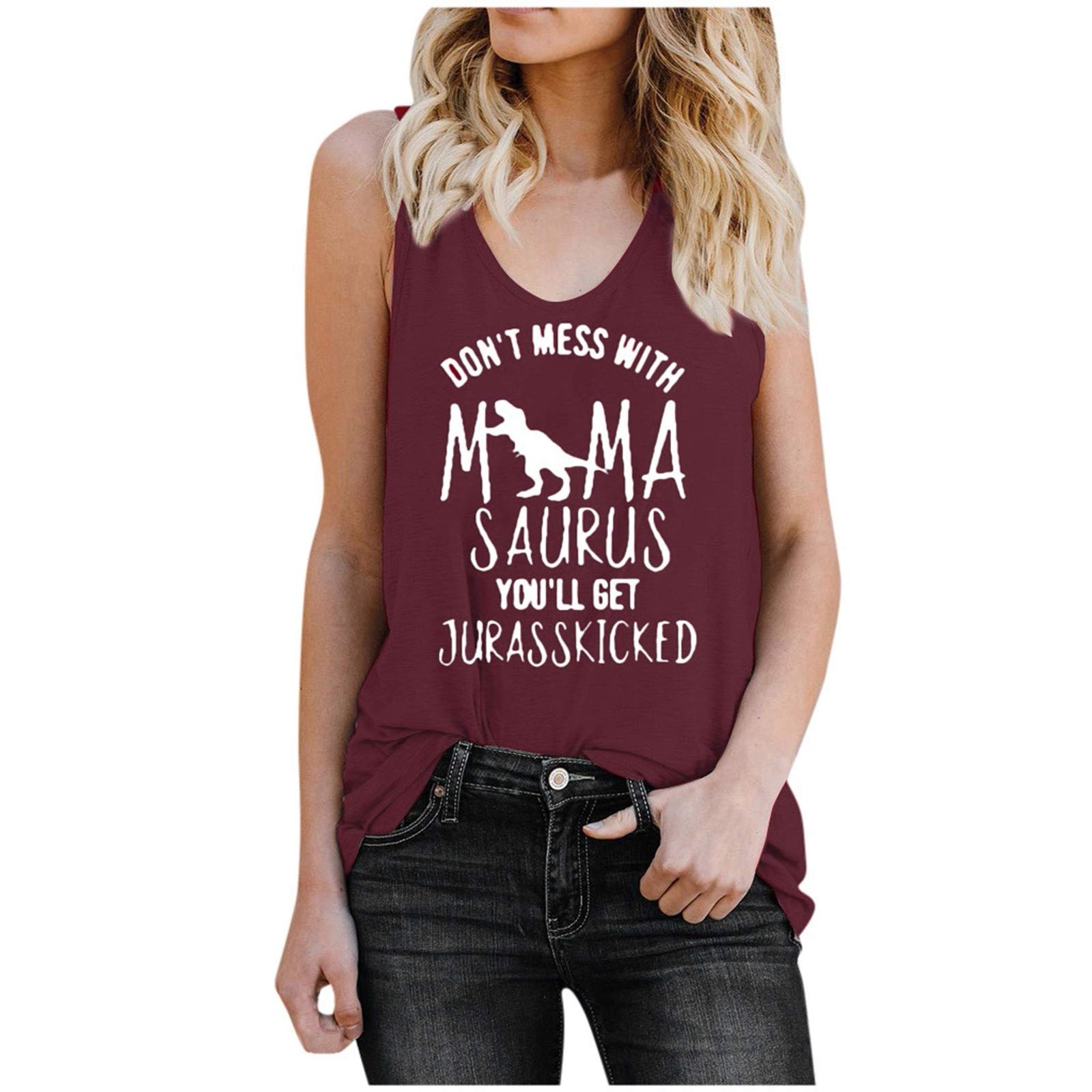 Women's Casual Sleeveless V-Neck Printed T-Shirt - Loose Fit Letter Graphic Blouse for Everyday Wear (Red, Large) | Perfect for Summer Outfits, Beach Days & Casual Street Style