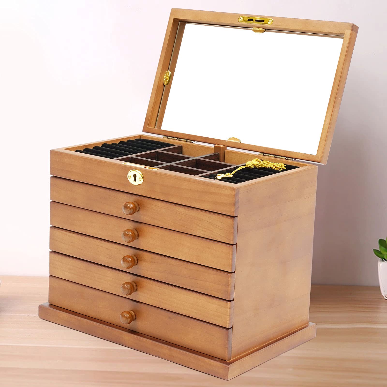 6-Layer Wooden Jewelry Box with Mirror & Lock - Four-Leaf Clover Carved Jewelry Organizer for Necklaces, Rings, Earrings - Elegant Jewelry Display Case & Storage Gift Box (Brown) - Perfect for Travel, Home Decor & Wedding Accessories Organization