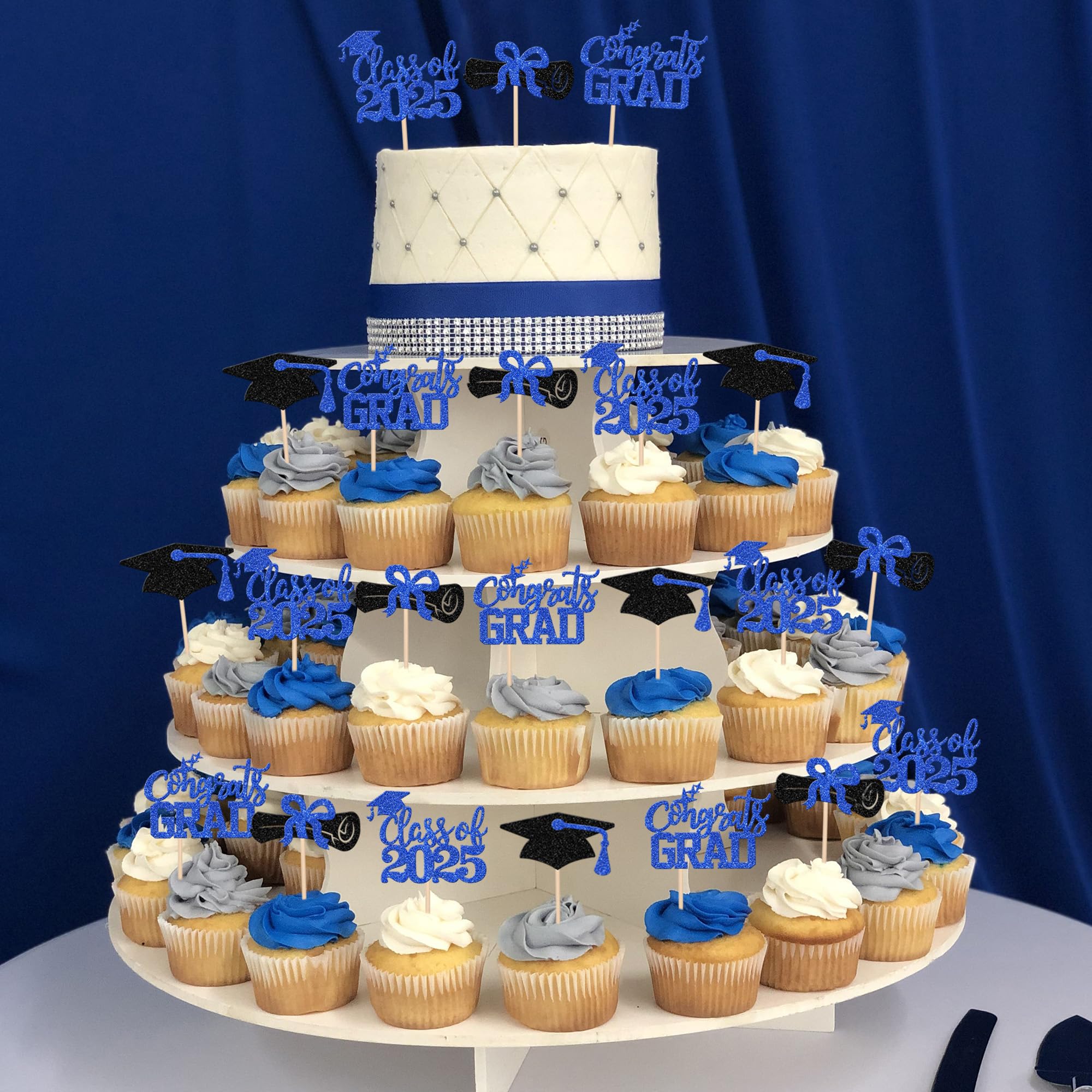 24 PCS Class of 2025 Graduation Cupcake Toppers - Glitter Diploma & Grad Cap Cake Decorations - Blue Graduation Party Supplies for 2025 Theme Celebrations, School Events & Dessert Decorating