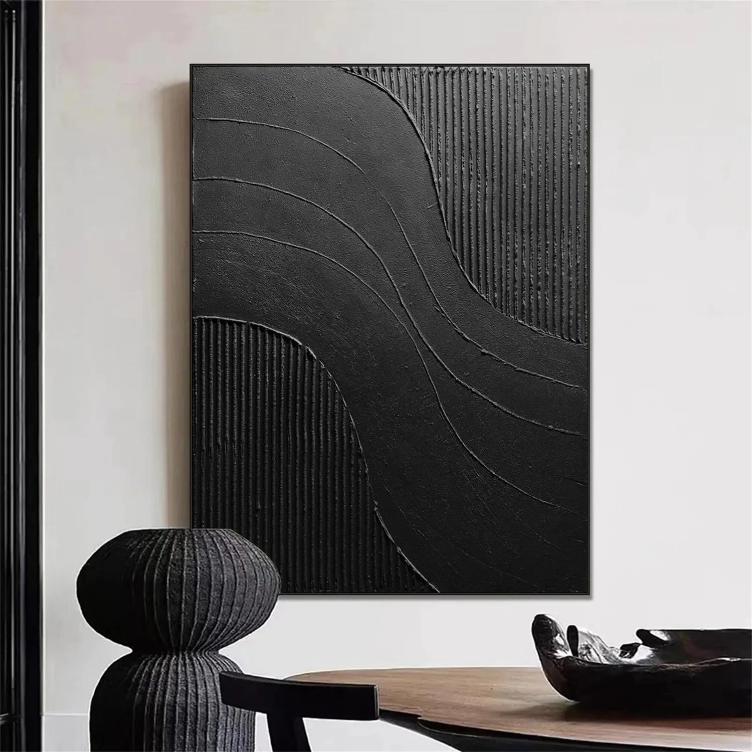 Black Minimalist Textured Painting Canvas #MZ104 - Modern Abstract Wall Art for Living Room, Bedroom & Office Decor