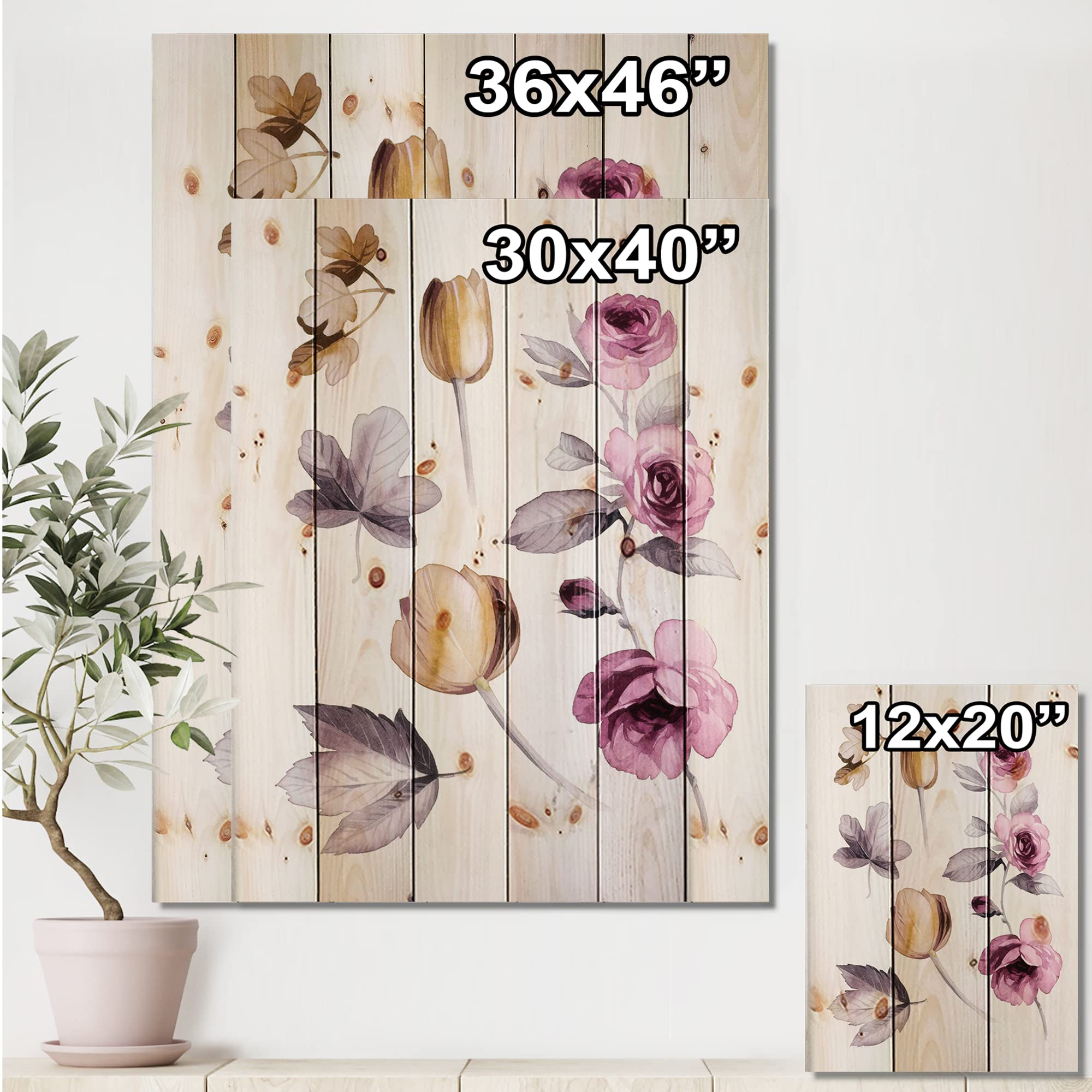 DesignQ Pink & Orange Wildflowers Traditional Wood Wall Decor - Purple Floral Wood Art Panel, Large Pine Wood Wall Hanging for Living Room, Bedroom & Office Decor