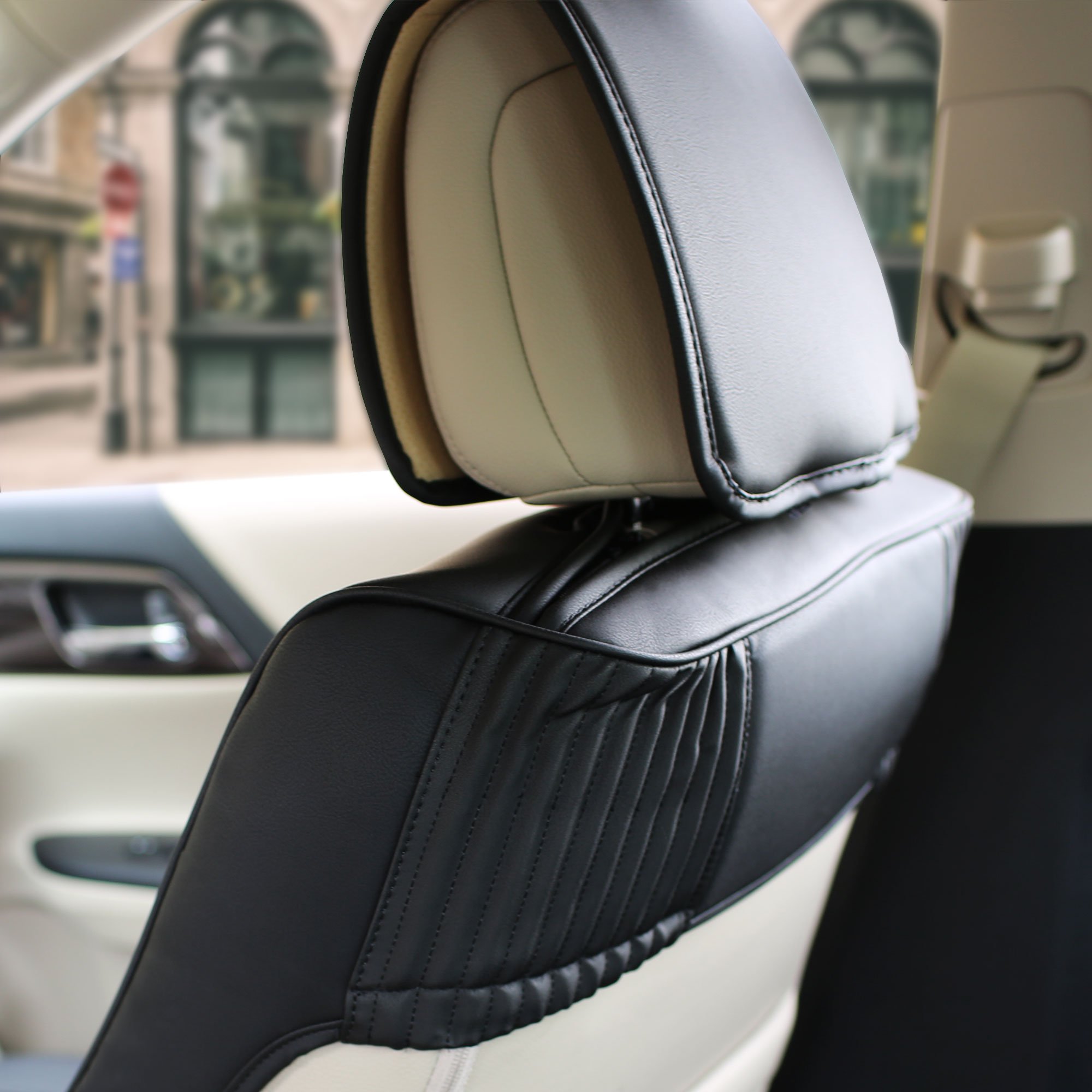 TLH Ultra Comfort Leatherette Seat Cushions - Front Only Solid Black Car Seat Covers with Air Freshener | Premium Automotive Seat Protector for SUV, Truck & Sedan | Interior Accessories for Enhanced Driving Comfort