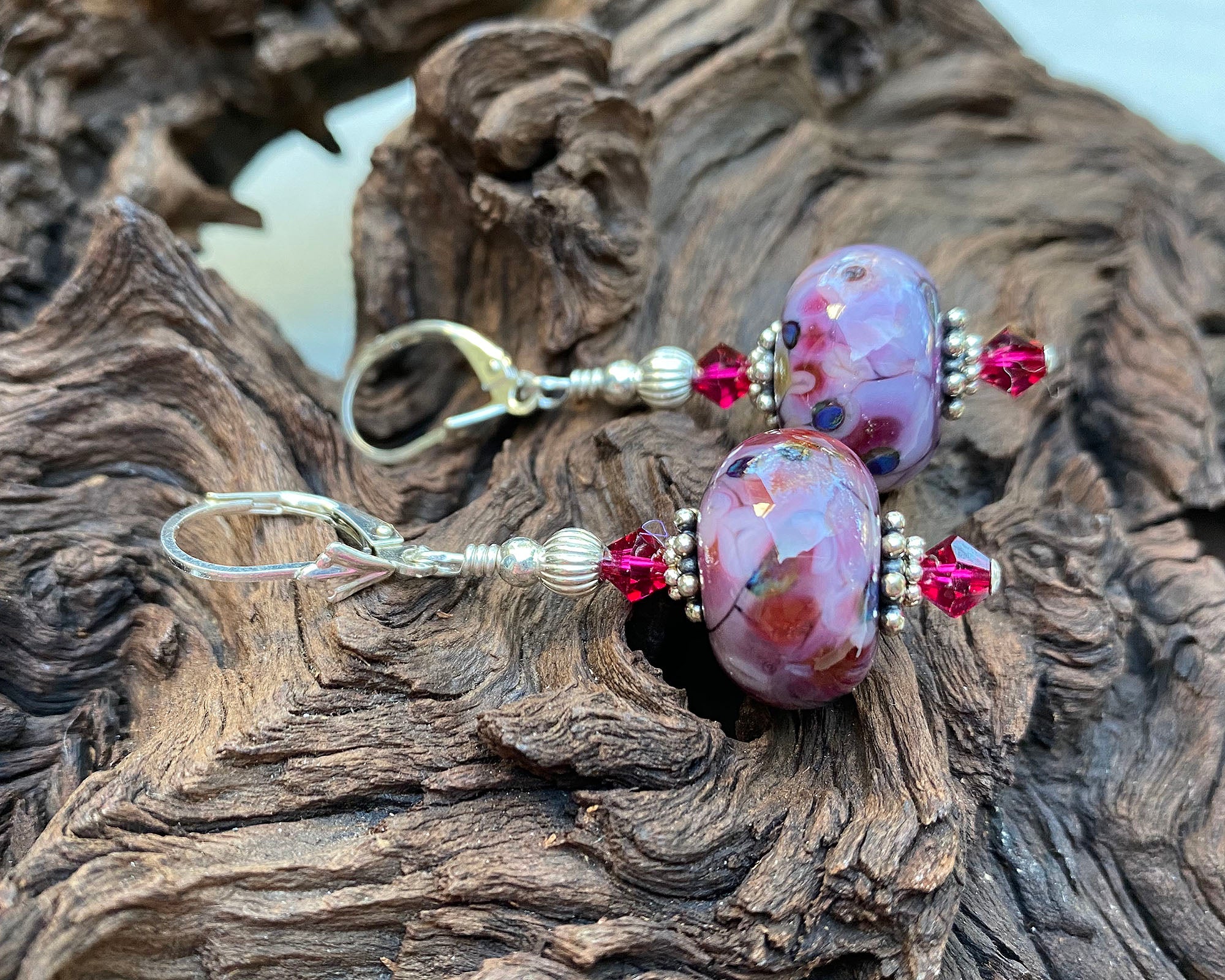 Handmade Ruby Violet Mosaic Glass Lampwork Earrings - Bohemian Style Dangle Earrings for Women, Perfect for Parties, Weddings & Special Occasions