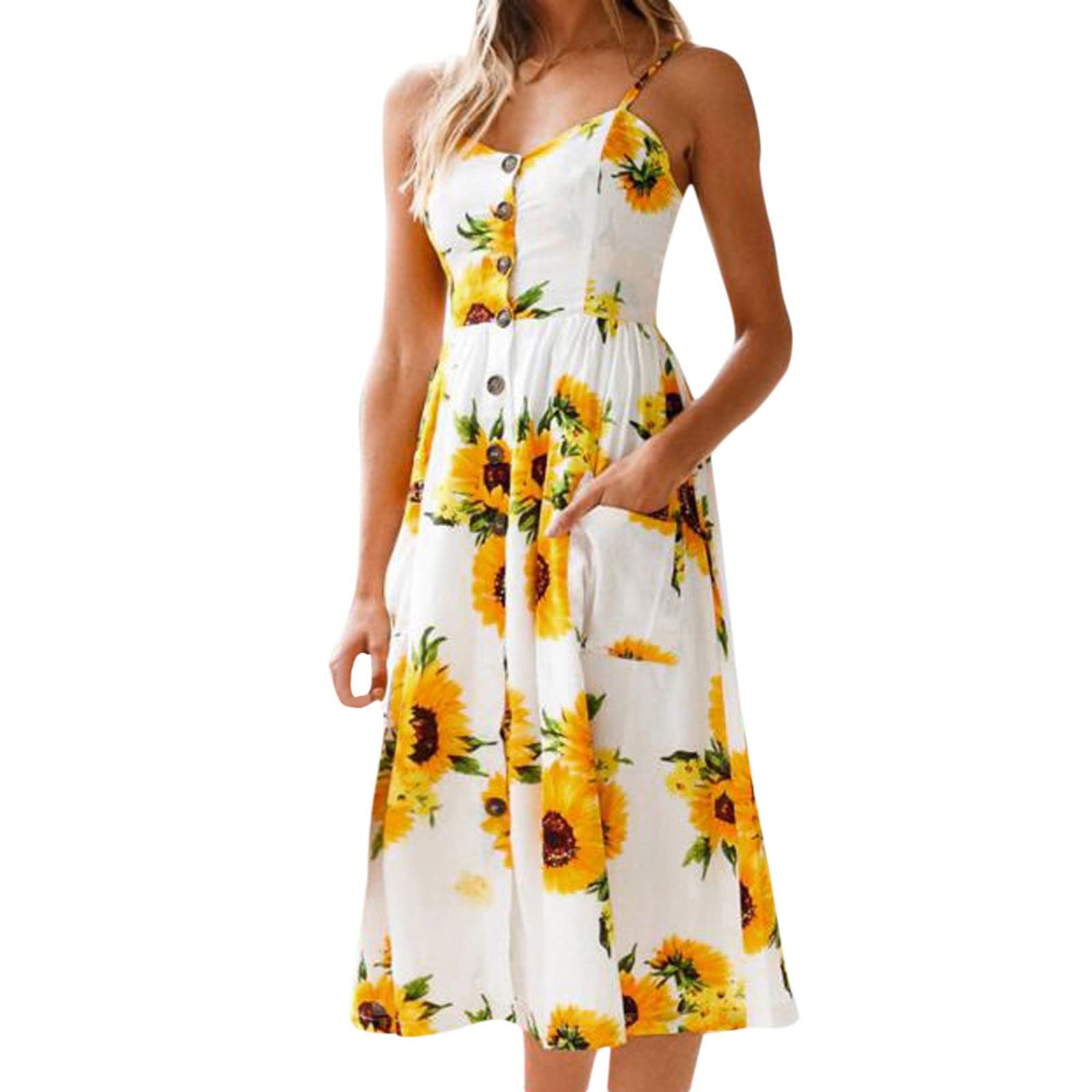 Women's Floral Print Spaghetti Strap Maxi Dress with Pockets - Boho Chic Summer Beach Dress for Casual Outings, Vacations & Outdoor Events