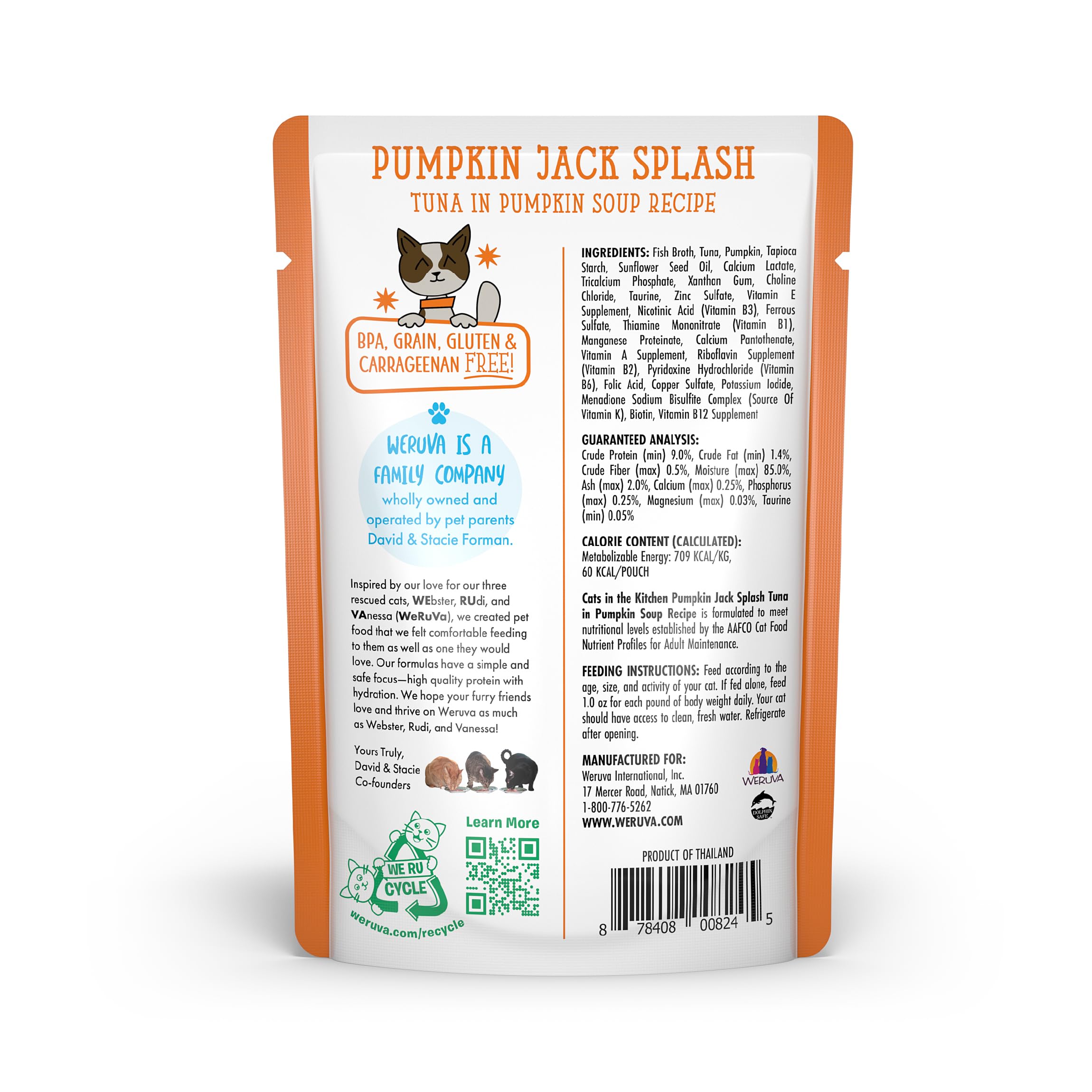 Weruva Cats in The Kitchen Pumpkin Jack Splash with Tuna in Pumpkin Soup Cat Food - Grain-Free, Natural Ingredients, 3oz Pouch (Pack of 12) - Perfect for Hydration & Digestive Health for Adult & Senior Cats