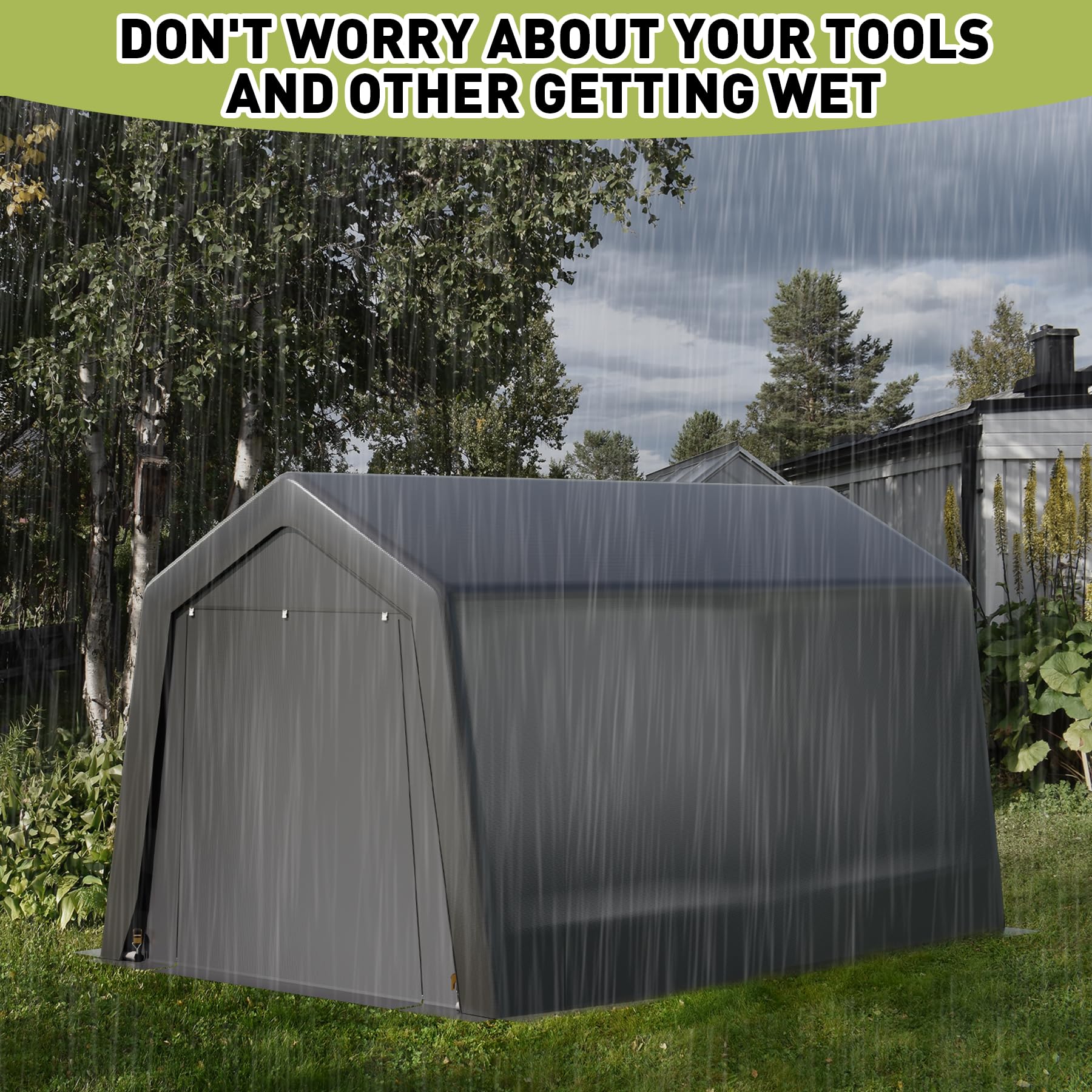 8x12FT Waterproof Outdoor Storage Shed - UV Resistant Portable Garage with Roll-up Zipper Doors for Motorcycle, Bike & Garden Tools - Perfect for Backyard, Patio & RV Storage (Grey)