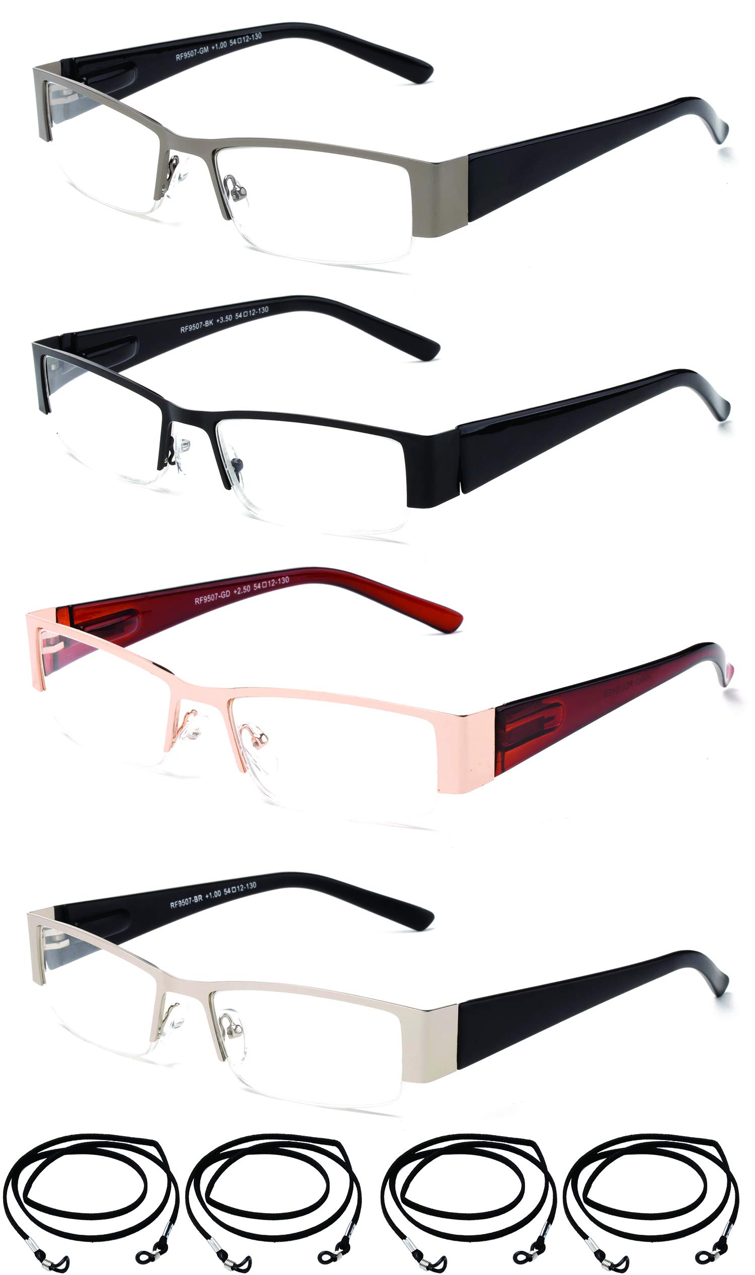 Premium Metal Reading Glasses 4-Pack +1.00 - Wide Frame Spring Hinge for Office & Travel