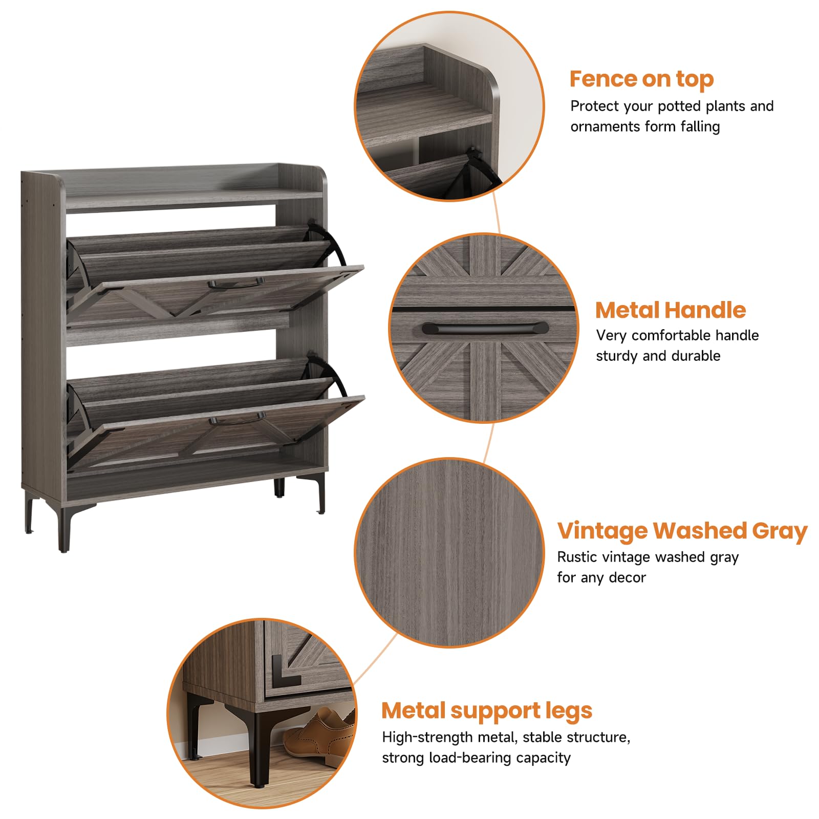 Modern Shoe Storage Cabinet with 2 Flip Drawers - Freestanding Entryway Organizer with Open Shelves & Farmhouse Style Legs in Washed Gray - Perfect for Small Spaces, Hallway, Closet & Apartment Organization