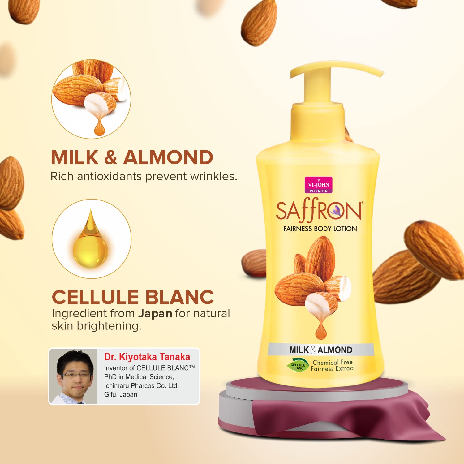 VI-JOHN Milk Almond Saffron Fairness Body Lotion for Men & Women - 48H Hydration, Chemical-Free Moisturizer, 250ml | Brightens Skin Tone & Nourishes Dry Skin for Daily Use at Home or Gym