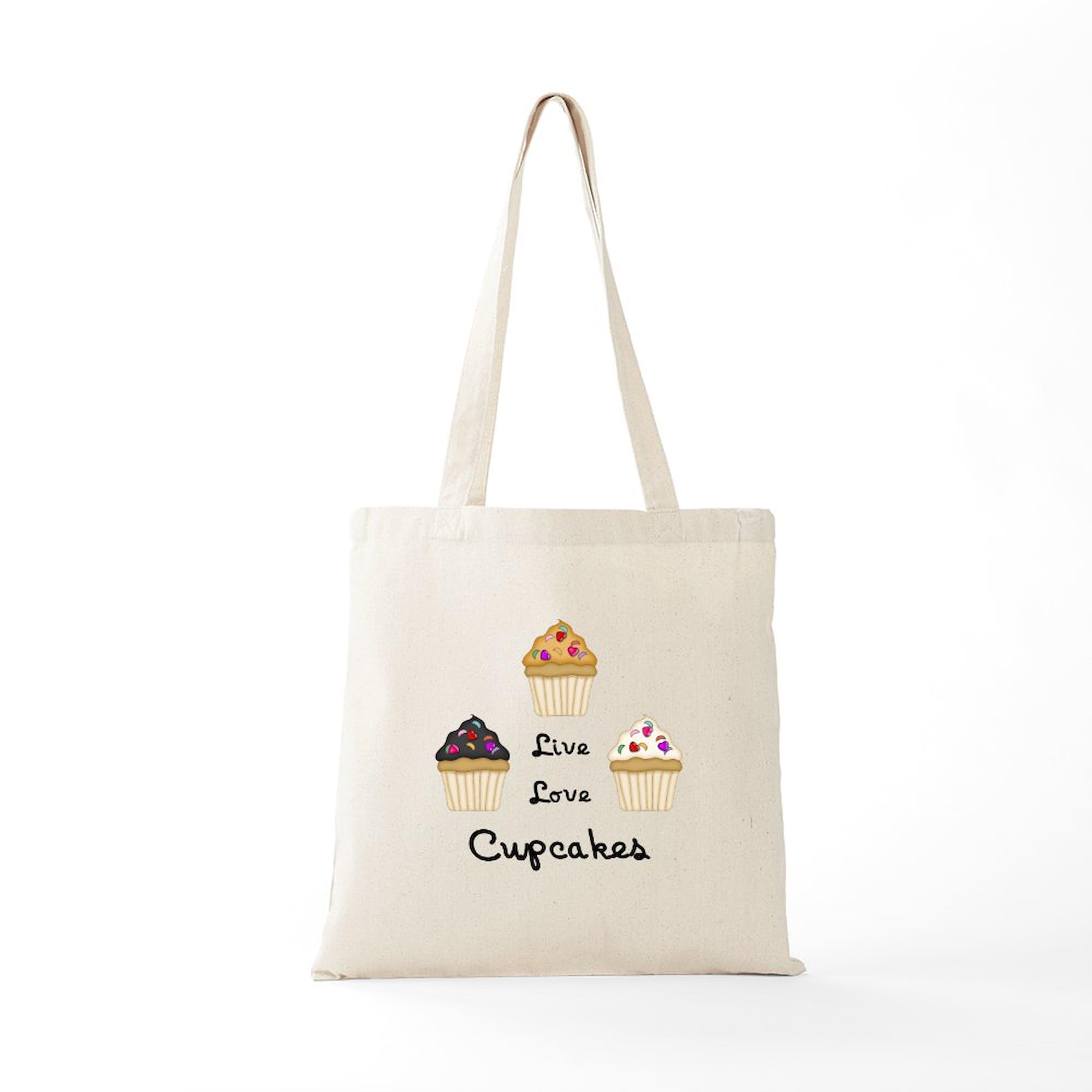 Live Love Cupcakes Natural Canvas Tote Bag - Reusable Grocery Shopping Bag for Women, Eco-Friendly Grocery Haul & Farmers Market Tote