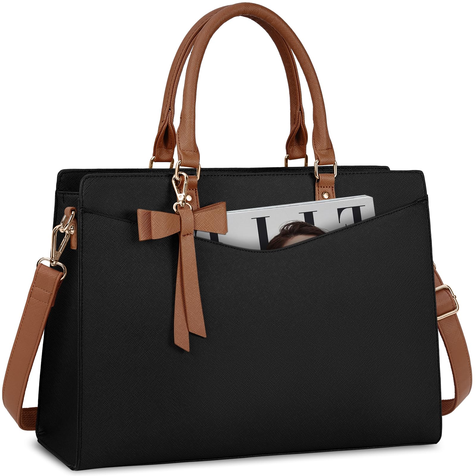 RAINSMORE 15.6 Inch PU Leather Laptop Tote Bag for Women - Professional Waterproof Business Office Briefcase, Lightweight Work Bag with Shoulder Strap for Commuting and Travel