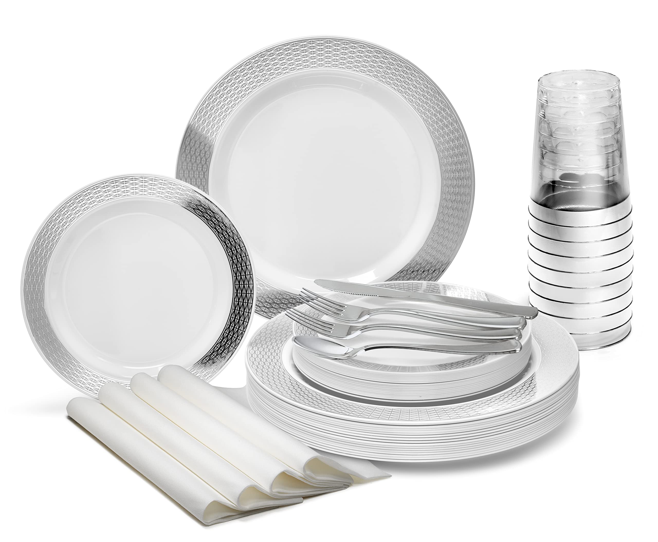 640-Piece Heavyweight Disposable Plastic Plate Set for Weddings & Parties - 80 x10.5'' & 80 x7.5'' Plates, Silverware, Cups & Linen-Like Napkins (Diamond White & Silver) - Perfect for Large Gatherings, Catering & Special Events