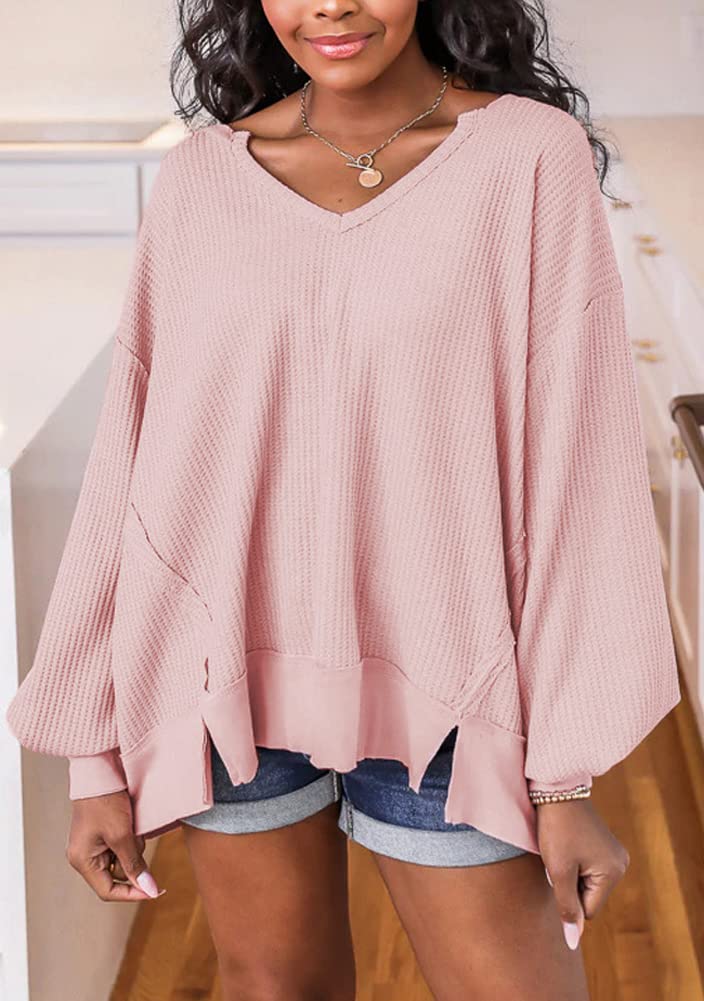 Hotmiss Women's Oversized Waffle Knit Long Sleeve Pullover Sweater - Casual Drop Shoulder Lightweight Sweatshirt for Fall & Winter, Lounge Wear, Coffee Dates, and Weekend Outings