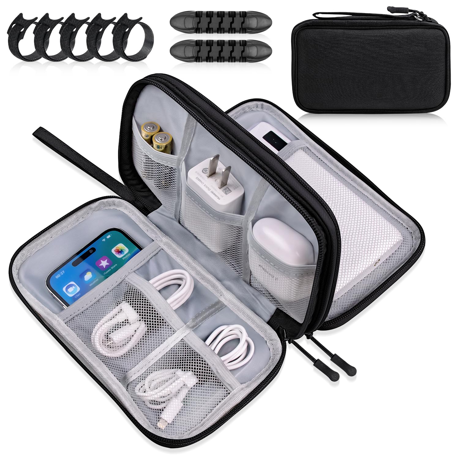 Electronics Organizer Travel Case - Waterproof Double Layer Tech Pouch for Cables, Chargers, Phones & Earphones - Perfect Travel Accessory for Men & Women (Black) | Ideal for Business Trips, Vacations & Daily Commute