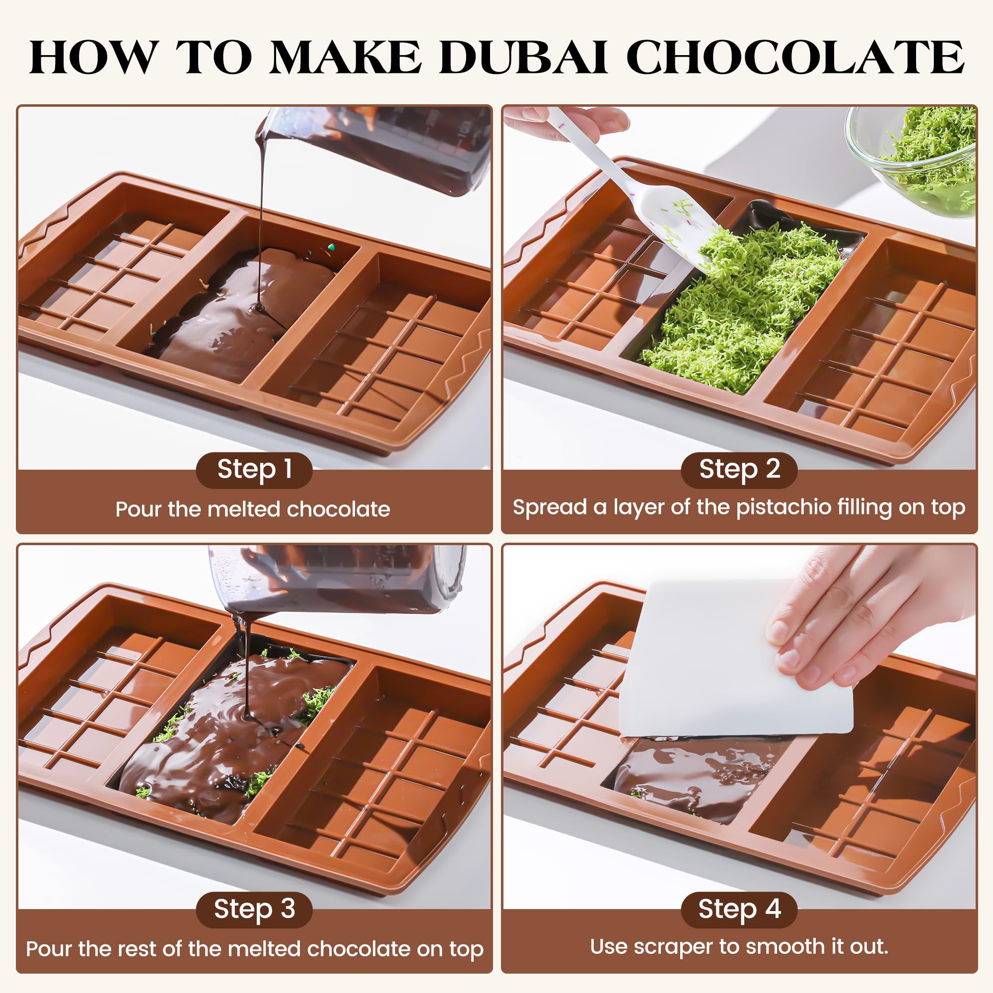 2 Pcs Dubai Chocolate Bar Mold - Deep Stuffed Silicone Molds for Filling Knafeh, Pistachio, Chocolate Bars - Large Thick Candy Bar Molds with 10 Break-Apart Sections - Perfect for Homemade Desserts, Party Favors, and Gourmet Chocolate Making