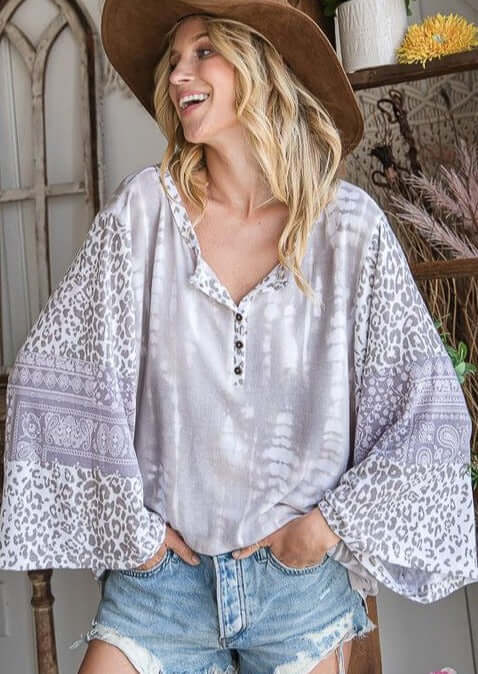 Stylish Mixed Media Slouchy Henley Top - Made in USA | Comfortable & Trendy Women's Casual Shirt for Everyday Wear