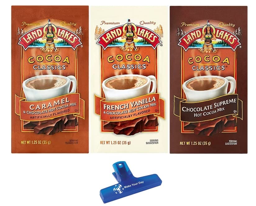 Land O Lakes Hot Cocoa Mix Variety Pack - Caramel Chocolate, French Vanilla Chocolate & Chocolate Supreme (12 Pack, 1.25oz Each) with Bonus Bag Clip | Perfect for Office, Home & Winter Camping Hot Drinks