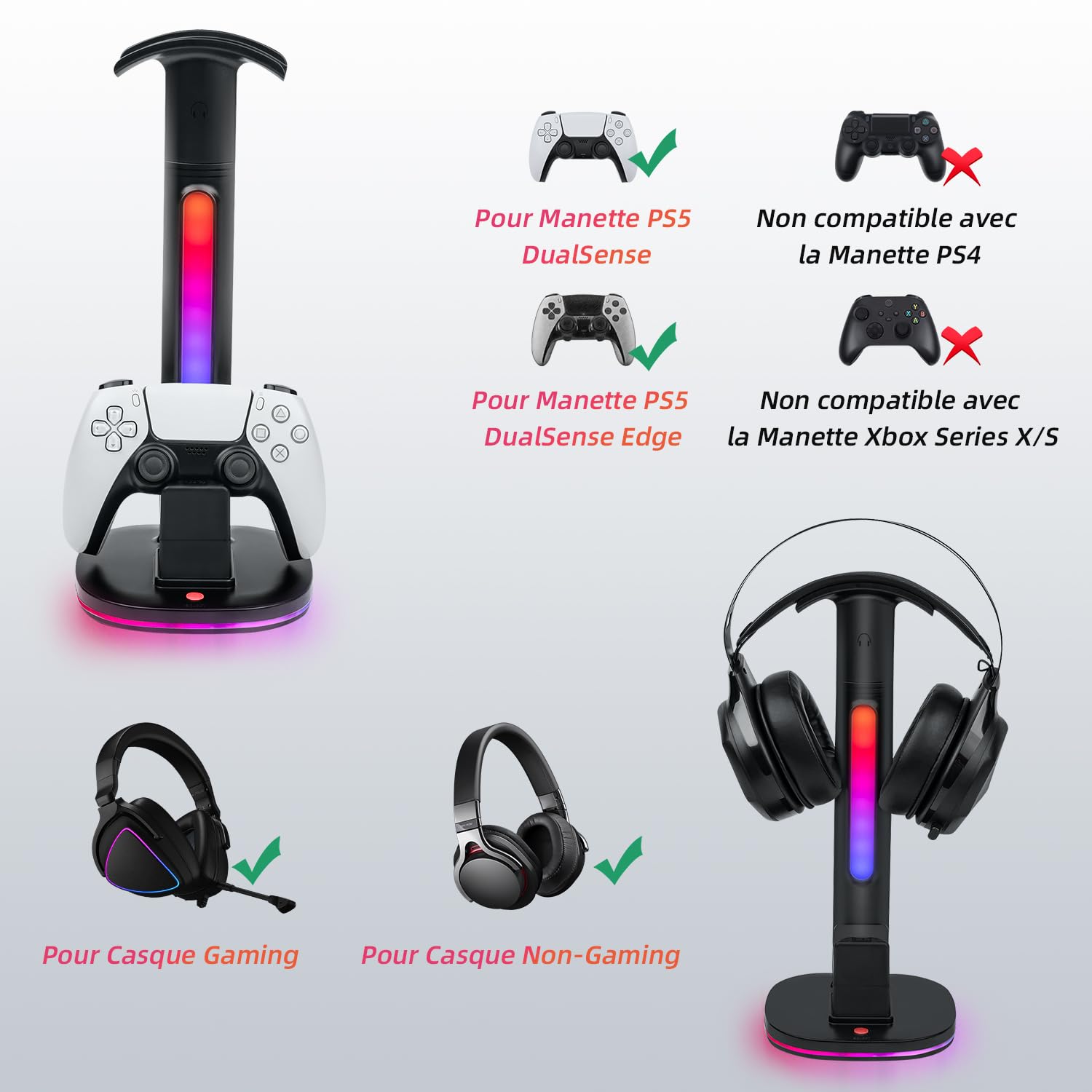 Mcbazel PS5 DualSense Controller Charging Station with Wireless Headset Stand, RGB Lighting - Compatible with PlayStation 5 Console - Perfect for Gaming Setup & Accessory Organization