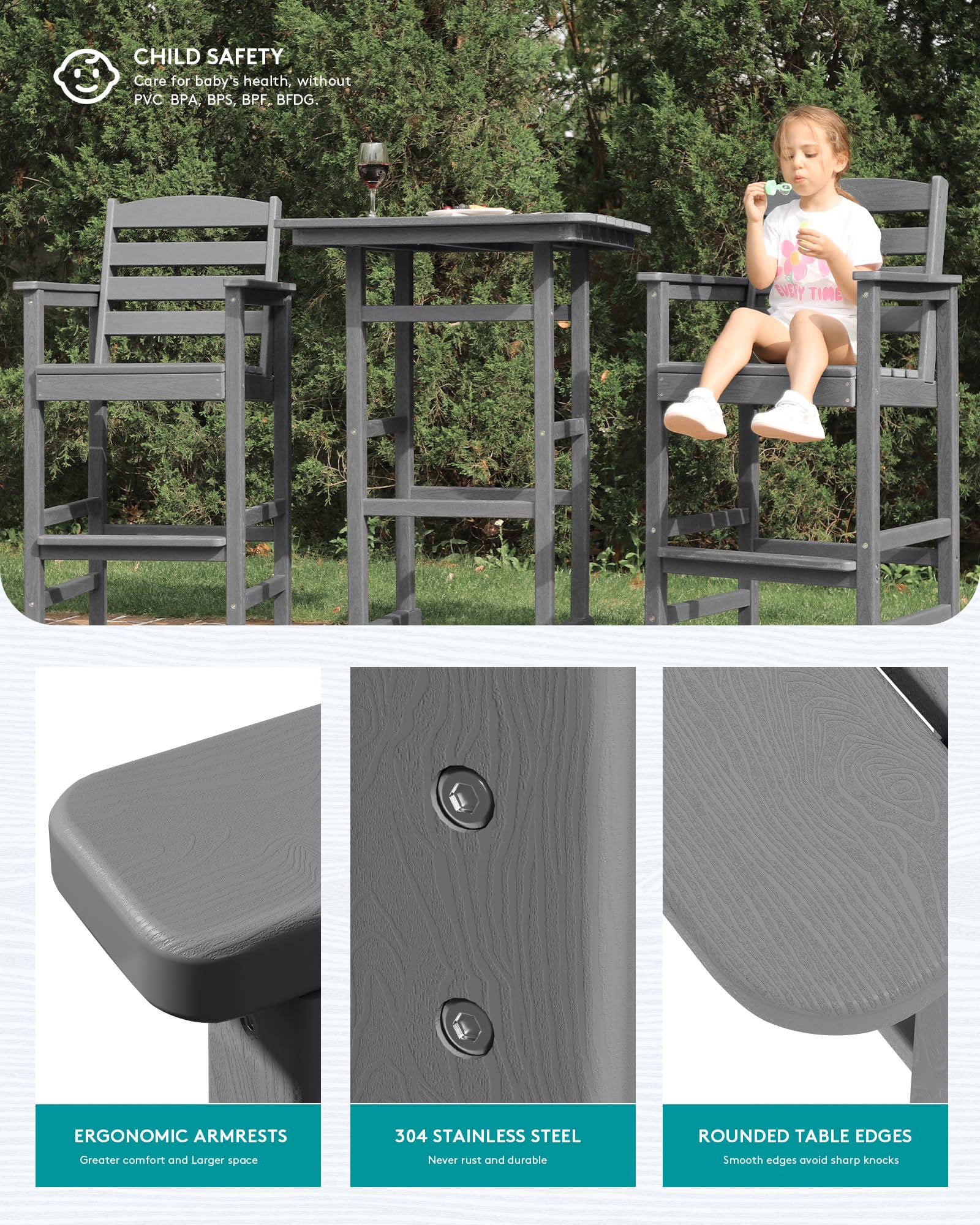 SERWALL 3-Piece Balcony Adirondack Chair and Table Set - 2 Bar Height Chairs with Bar Table, Outdoor Patio Furniture, Gray - Perfect for Small Spaces, Decks, and Balconies