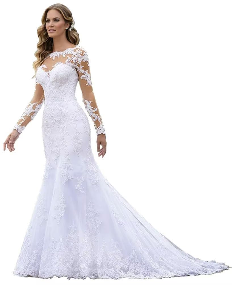 Elegant Lace Applique Long Sleeve Beach Wedding Dress for Bride 2023 | Simple Formal Prom Gown | Perfect for Beach Ceremonies, Bridal Showers & Formal Events