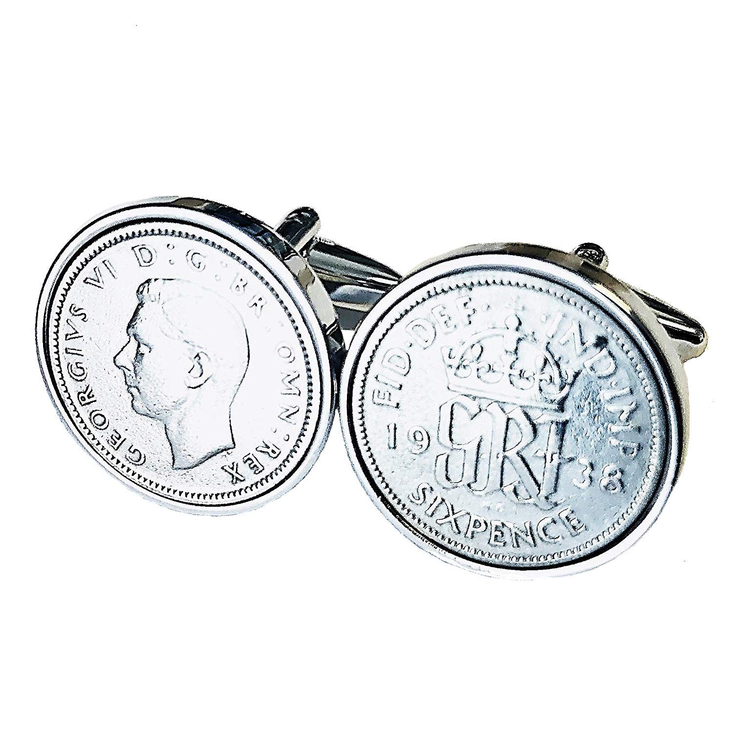 Vintage Rhodium-Plated 1938 English Sixpence Cufflinks for Men - Elegant Birthday Gift for Him - Perfect for Weddings, Formal Events & Business Attire