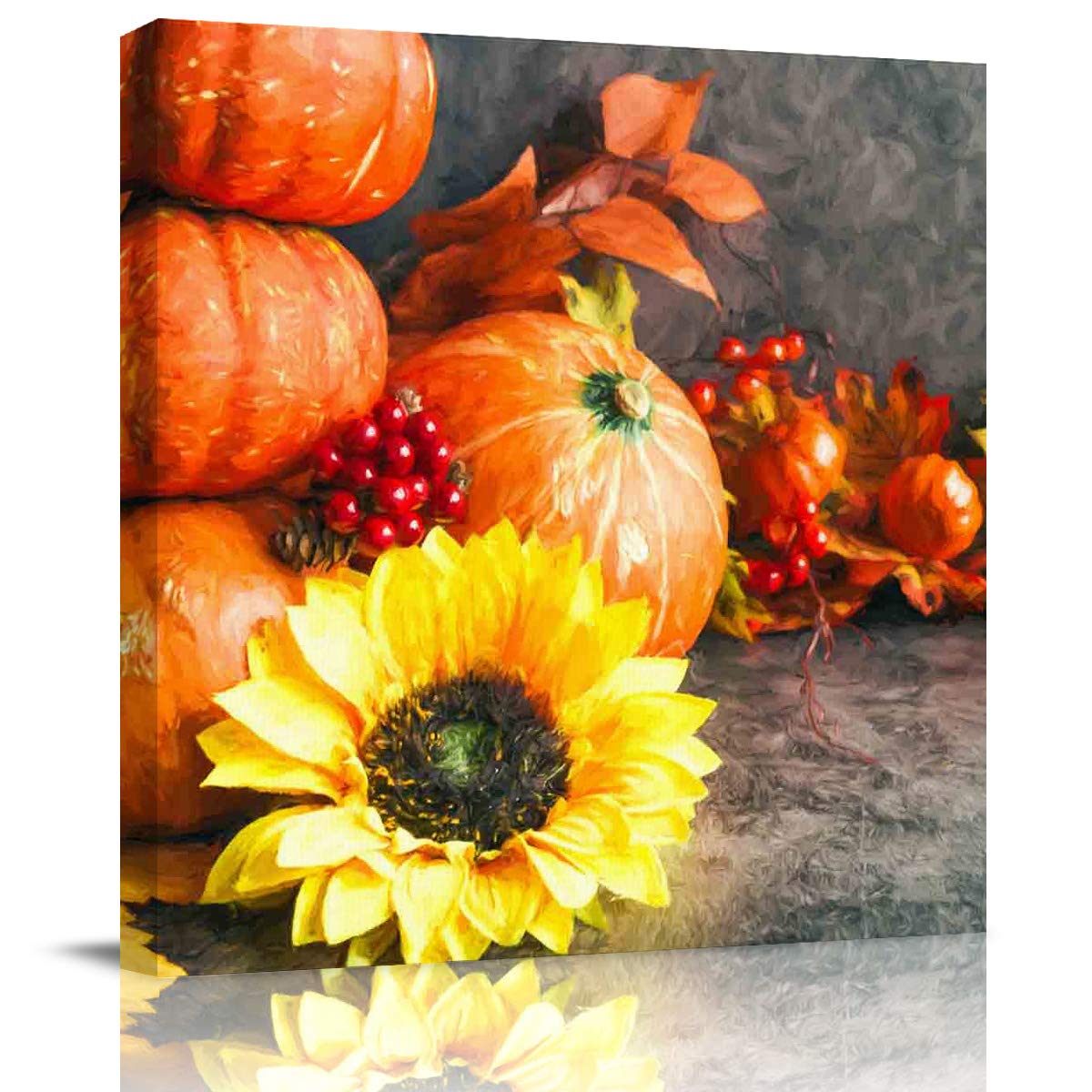 1 Panel Modern Fall Style Pumpkin and Sunflower Canvas Wall Art - 12x12 Inch Giclee Print Ready to Hang for Home, Office & Bathroom Decor | Perfect for Autumn Decorations, Farmhouse Style & Seasonal Gift Giving