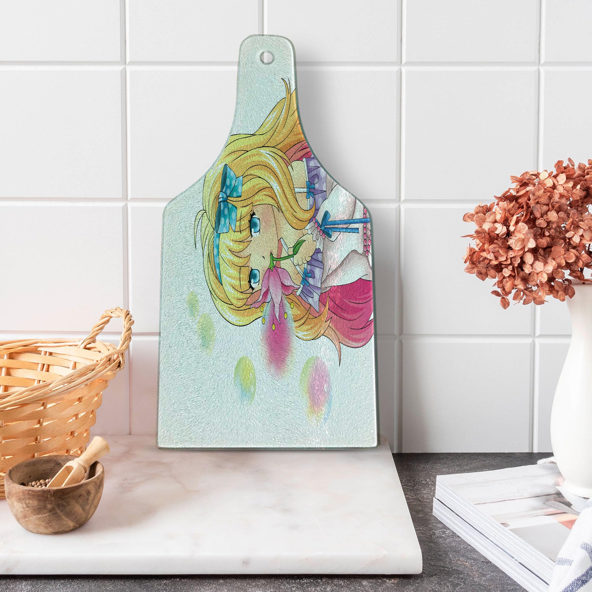 Ambesonne Anime Themed Tempered Glass Cutting Board - Japanese Manga Girl Blowing Bubbles Art Print, Decorative Serving Board with Wine Bottle Shape in Pink & Yellow | Perfect for Sushi Presentation, Cheese Platters, and Japanese-Themed Dinner Parties
