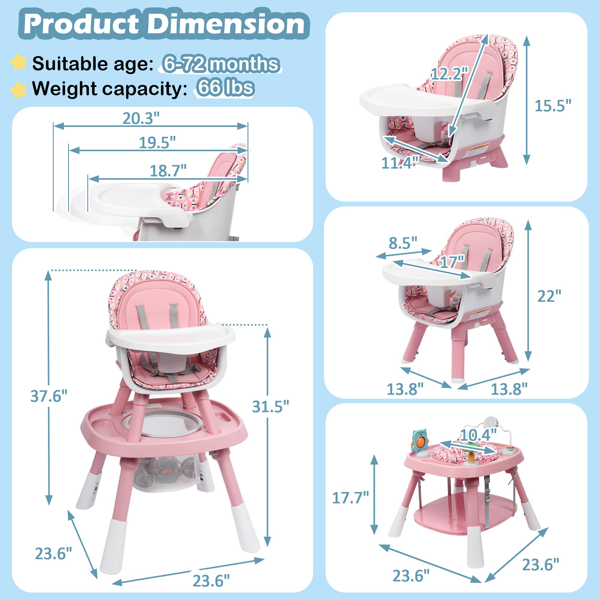 Xilingol 15-in-1 Convertible High Chair - 2-in-1 Baby Highchair & Activity Center with Toys, Booster Seat, Building Block Table | Toddler Chair with Removable Tray, 5-Point Harness & 2-Layer Cushion | Perfect for Feeding, Playtime & Learning Activities at Home
