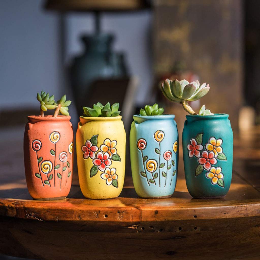 2.5 Inch Hand Painted Ceramic Succulent Planter Pots with Drainage Hole & Saucer - Set of 4 Round Cactus Planters in Green, Yellow, Orange & Blue - Perfect for Home Decor, Office Desk & Indoor Gardening Gifts