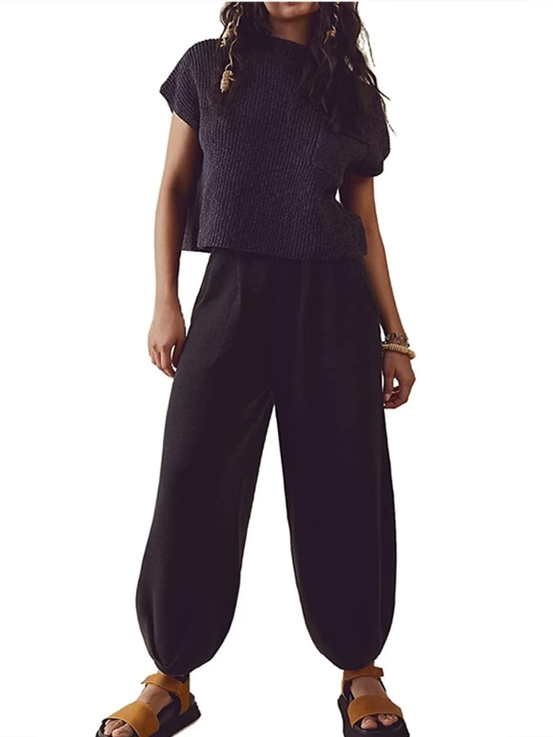 Women's Casual 2 Piece Outfit - Soft Knit Pullover Sweater & High Waisted Lounge Pants Set | Cozy Winter Tracksuit for Home, Travel & Everyday Wear