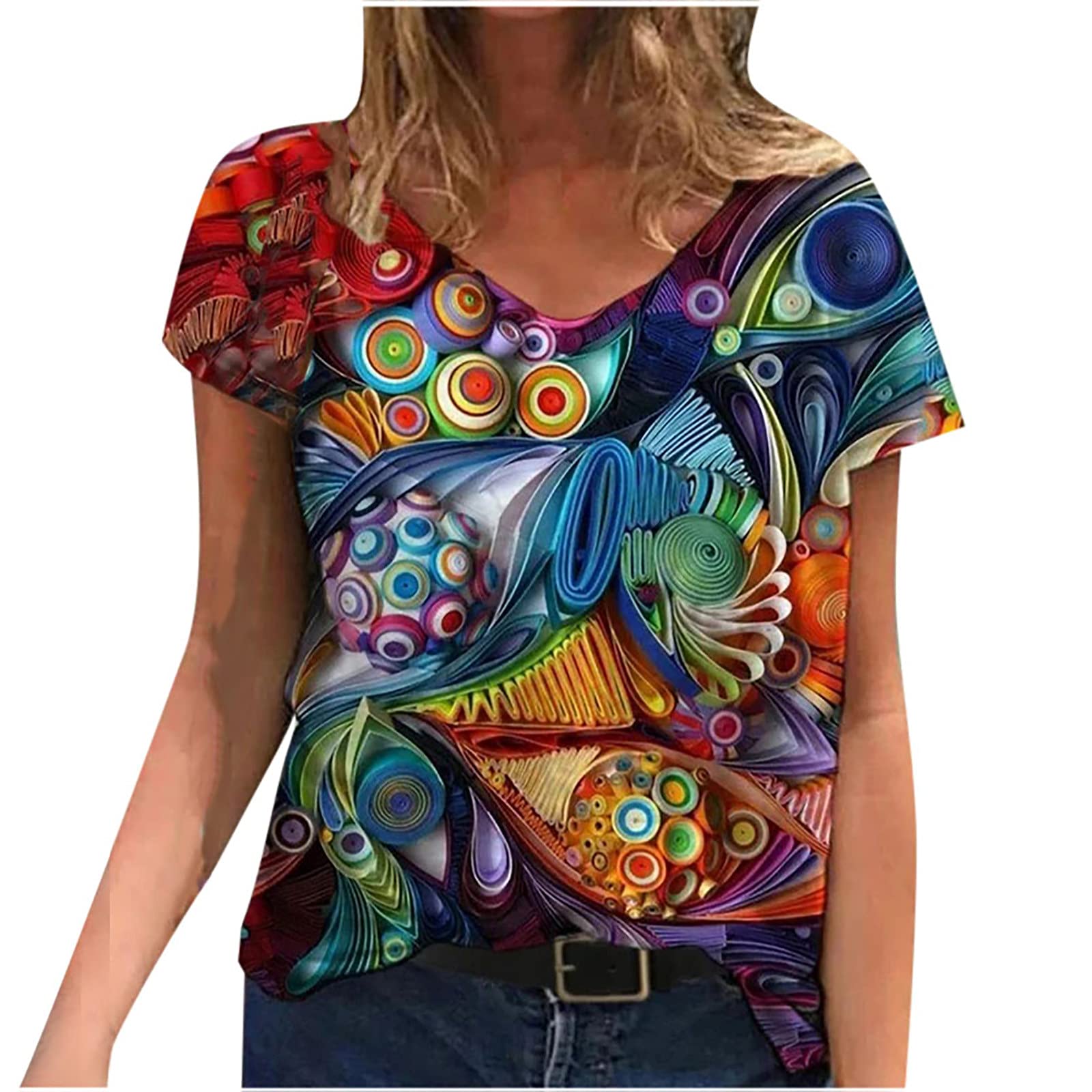 Kanzd Women's Summer Tops - Trendy Floral Print V-Neck Short Sleeve Loose T-Shirt | Casual Outfit for Beach, Vacation & Everyday Wear