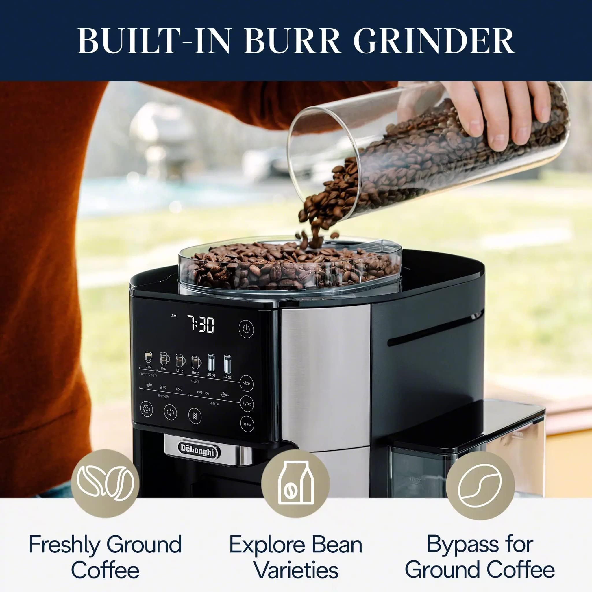 De'Longhi TrueBrew Drip Coffee Maker with Built-in Grinder - Single Serve (8 oz to 24 oz) for Hot & Iced Coffee - Stainless Steel (CAM51025MB) - Perfect for Home, Office & Small Kitchens