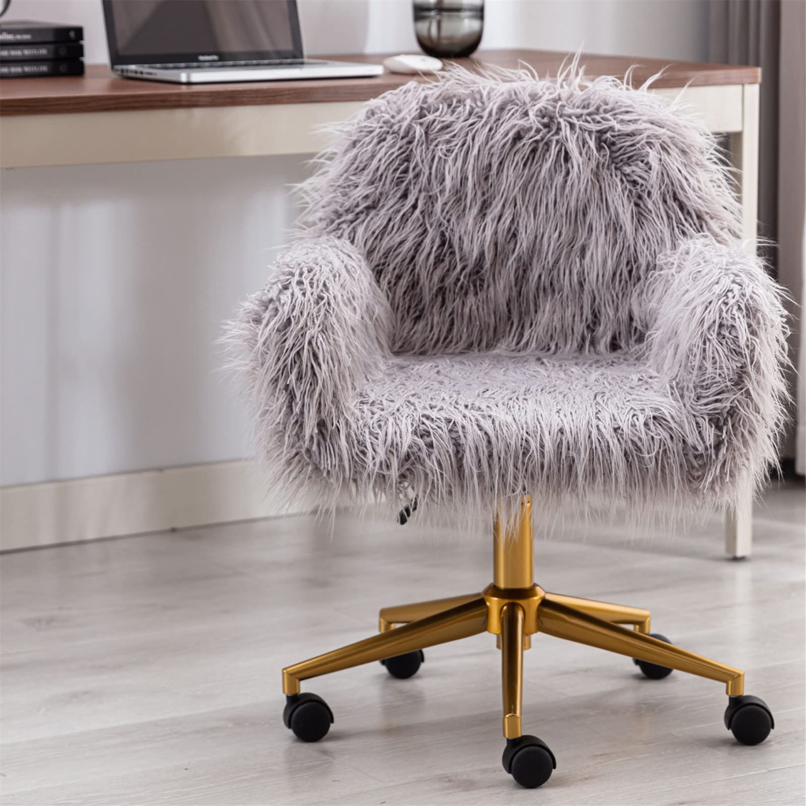 Fluffy Faux Fur Office Desk Chair with Wheels - Adjustable Height Swivel Chair for Home Office, Vanity, Dressing Room & Teen Girls Bedroom - Soft Upholstered Seat Modern Accent Furniture (Grey) | Perfect for Working, Studying & Makeup Application