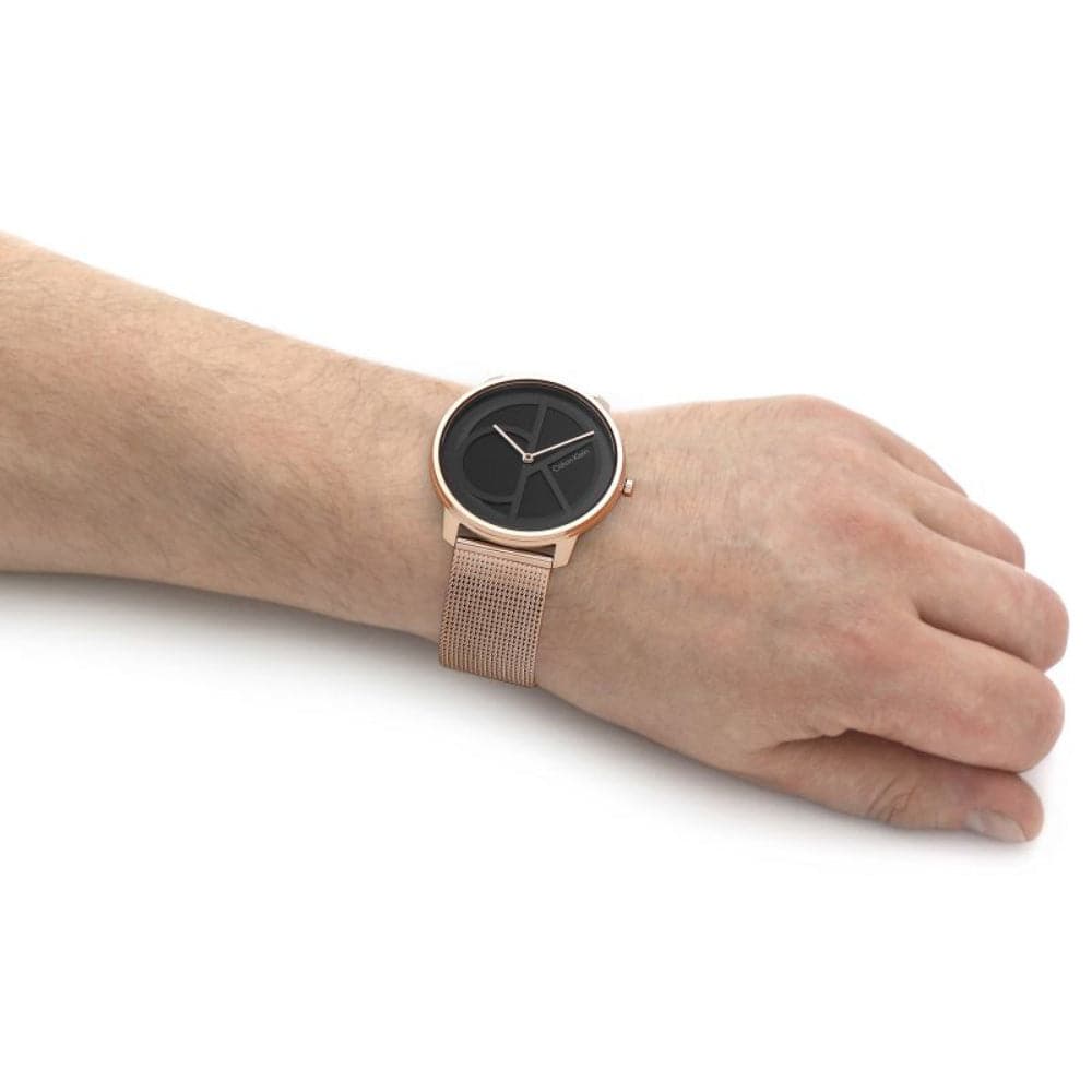 Calvin Klein Iconic Black Dial Rose Gold Milanese Strap Unisex Watch 25200029 | Luxury Fashion Timepiece for Men & Women | Perfect for Office, Date Night & Special Occasions