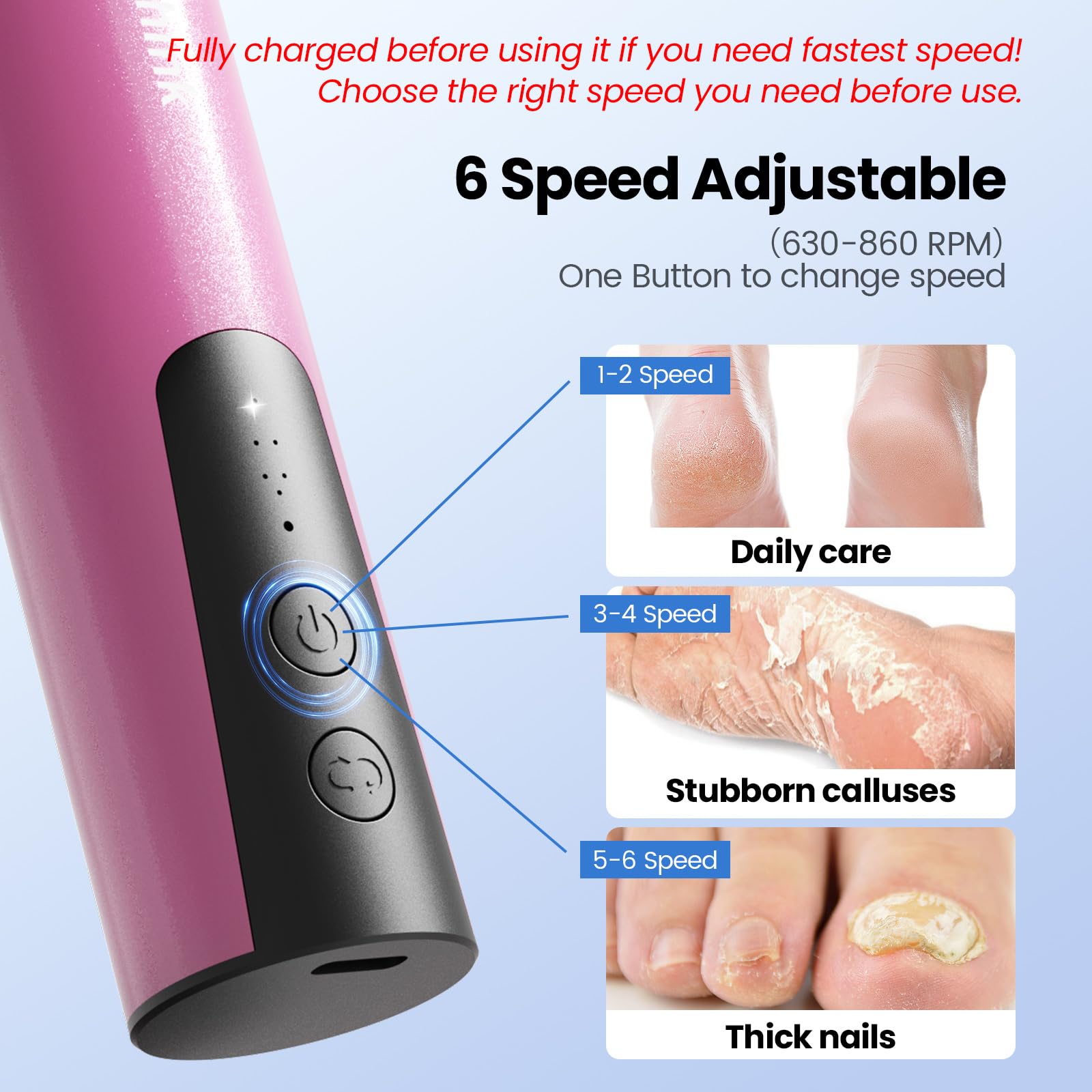 Electric Callus Remover & Foot File - Rechargeable 2-in-1 Pedicure Tool with 6 Adjustable Speeds & Sandpaper Disks for Dead Skin Removal - Perfect for Home Pedicures & Foot Care Routines