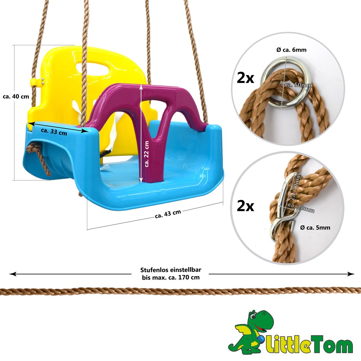 LittleTom 3-in-1 Baby Swing Chair 40x43x33cm for Infants 6-72 Months - Blue & Yellow | Portable Infant Seat for Indoor, Outdoor & Travel Use