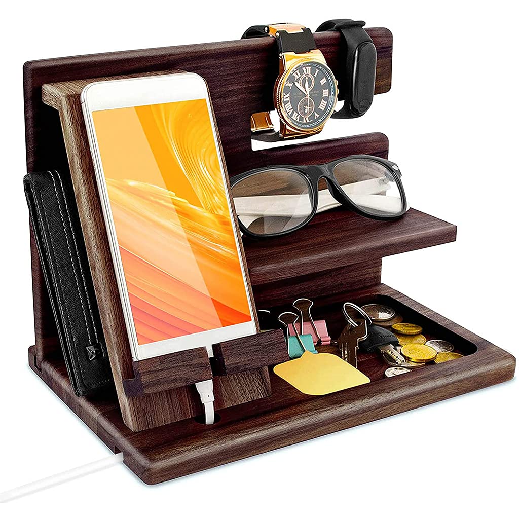 Wooden Bedside Organizer - Phone Holder, Docking Station, Wallet Stand, Watch & Glasses Storage Box for Nightstand | Desk Display Organizer for Home & Office | Perfect Gift for Men - Keep Essentials Organized in Style
